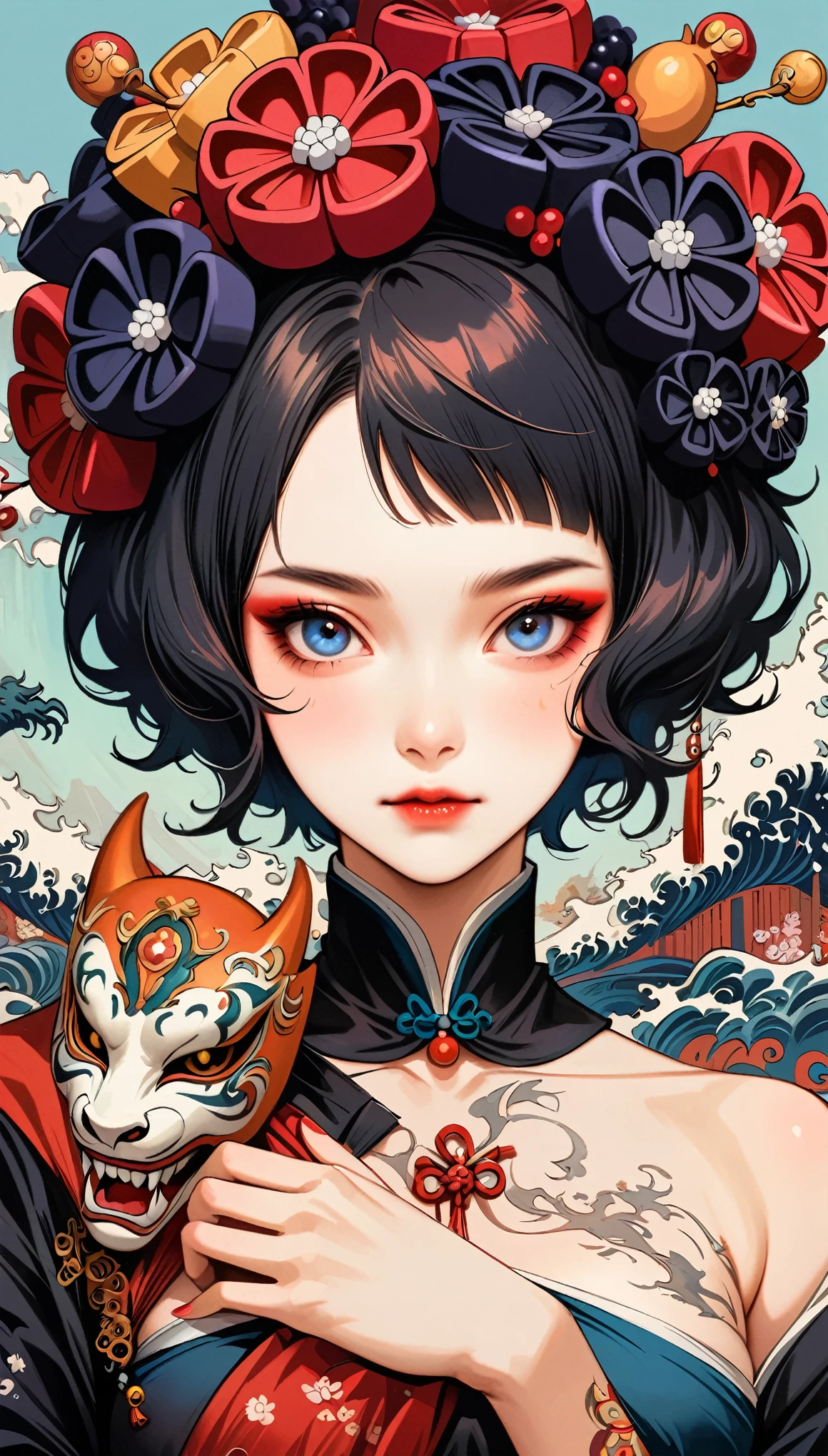 An elegant woman holding a gorgeous Chinese dragon mask, covering it with her hand, the style of Cangyama Yuan and Katsushika Hokusai, bright colors, bold shadows, surrealistic illustrations, intricate details on the skin, delicate feminine curves, flashing red eyes, fierce black eyeliner, red smudging eyeshadow, with a palette of red, black, white, blue, orange, oil painting style, Shirow's style