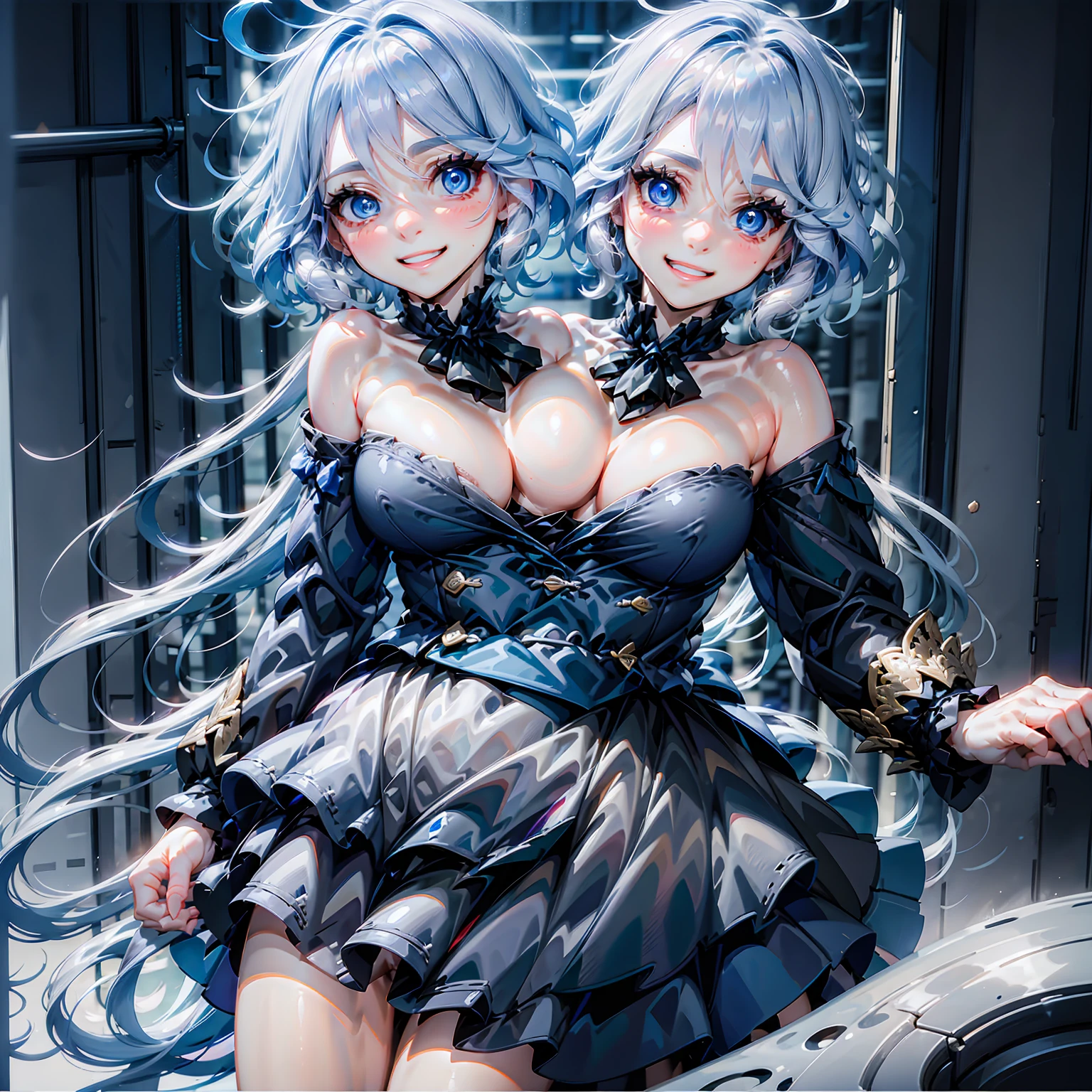 masterpiece,best quality,best resolusion,1 girl,detailed,2heads,Focalors/Furina character,short white hair with a hint of blue,blue eyes,Smile,wearing a black uniform,wearing a two-pronged red tie,normal breasts,urban background,beautiful face,beautiful hair,beautiful eyes,beautiful body,beautiful hand,conjoined twins,two people one body
