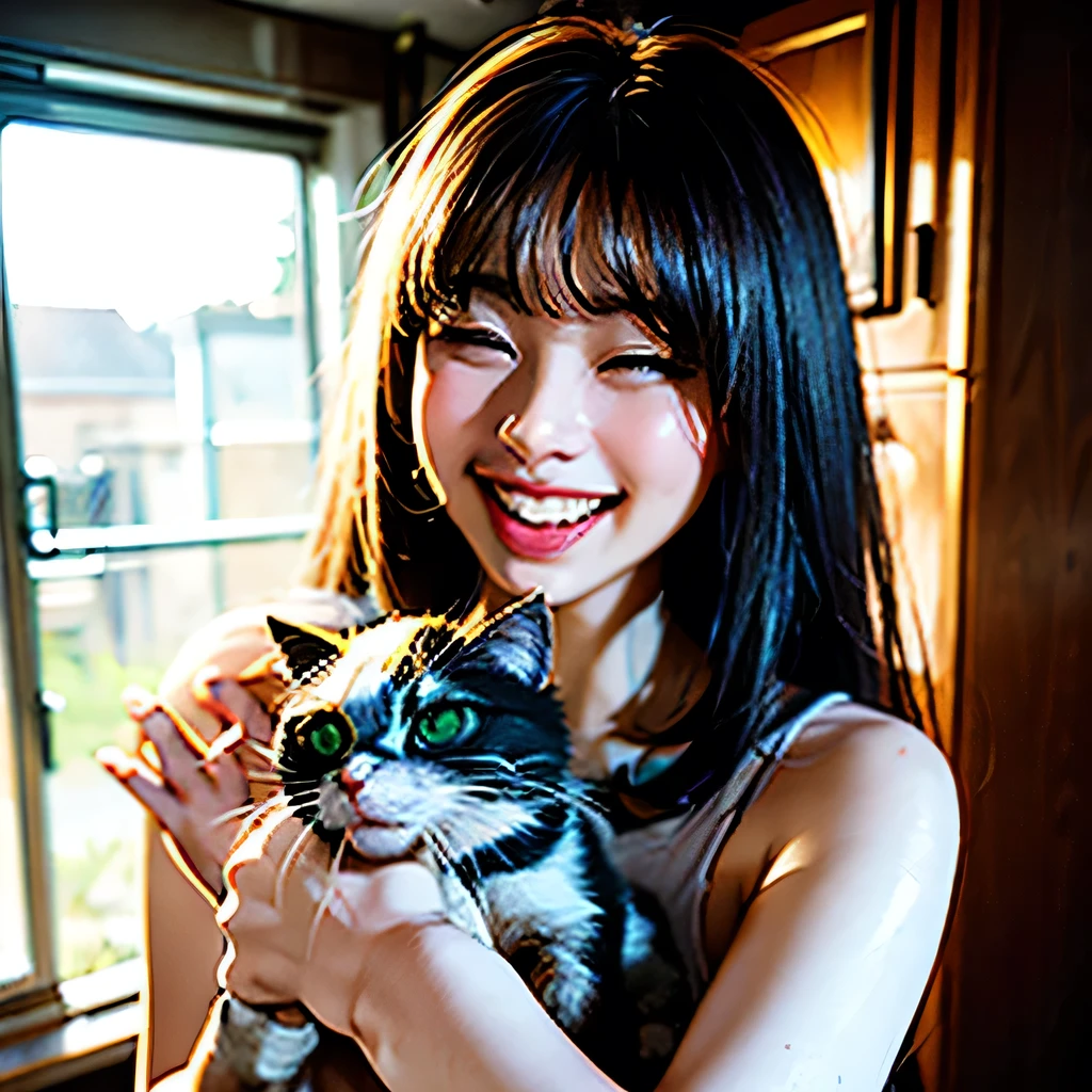 RAW photo, 8K, realistic, (1girl, cat), (laugh:1.2)
