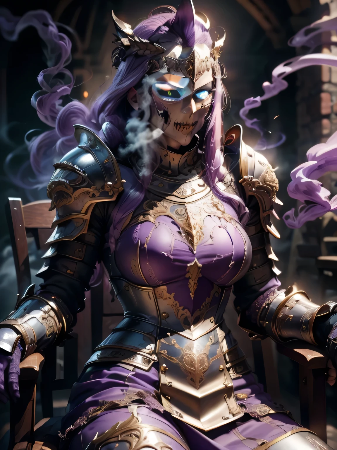 (Masterpiece, Superb Detail, Super Detailed, High Resolution), Male Focus, (((Female Armor))), (((Armor Purple Dress Set))), (She Has Long Purple Hair, Medium Breasts, Slim, perfect body, beautiful face), look at viewer, (((purple panty))), (((smoke))), ((Sit on Skull Chair)), City Ruins, Background Details, Solo