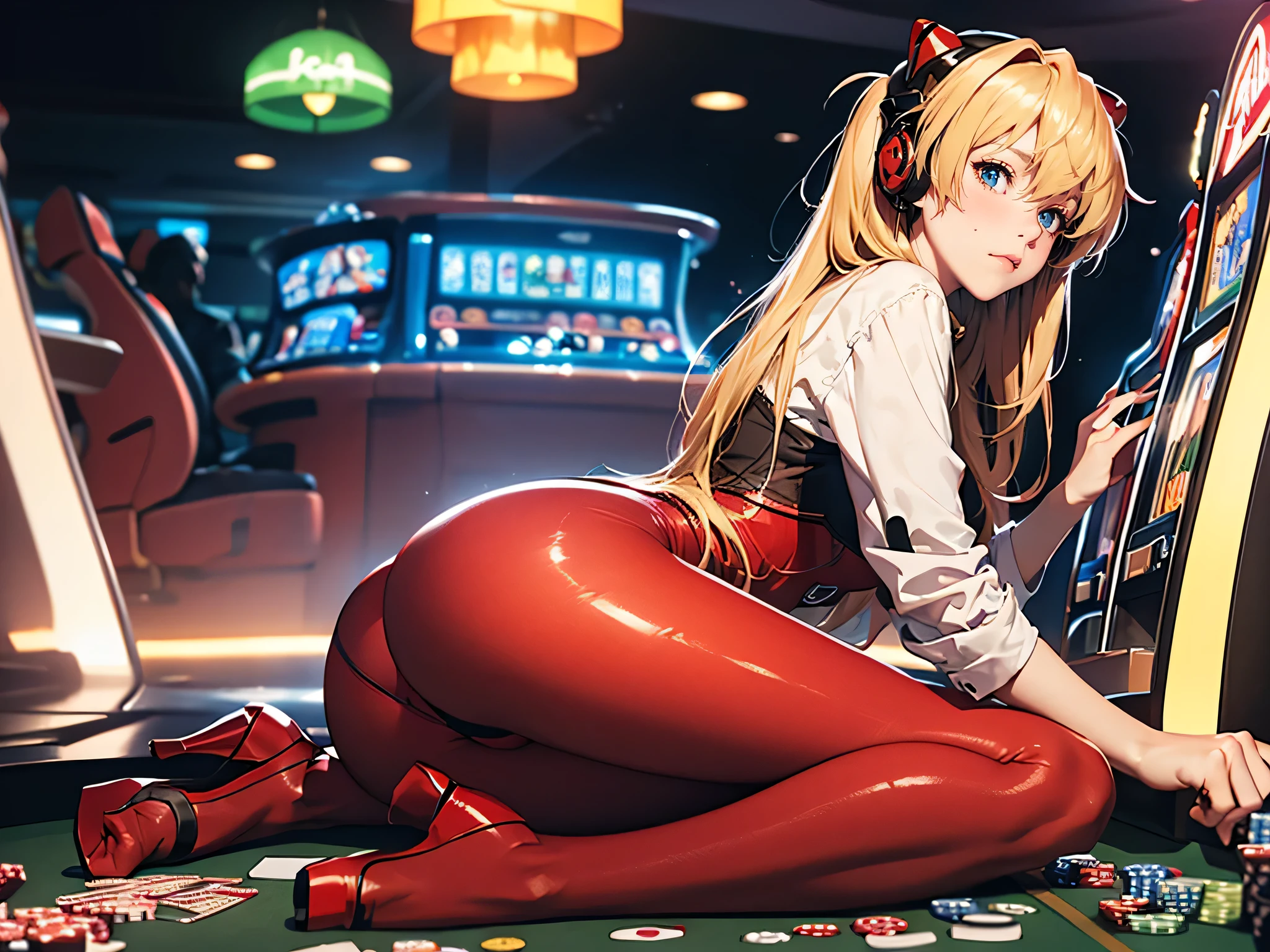 Realistic wide-angle photos,Ass to the camera,Dynamic angle,Extremely detailed, illustration, close up, straight on, 1 Girl, ((Muneru Asuka Langley, Interface Headphones, Red tights:1.4, Blonde)),Her eyes shone like dreamy stars,(Glowing eyes:1.233),(Beautiful and delicate eyes:1.1),(Poker face,Shut up),(permanent), best hair quality, correct limbs, (Correct finger), Super detailed fingers, best clothing quality, Best prop quality, Best background detail and quality, Anatomically correct, best quality, High resolution, The award-winning(Random Background,in casino,Casino VIP room, Modern casino console, Modern slot machines ), in casino, indoors, (casino)