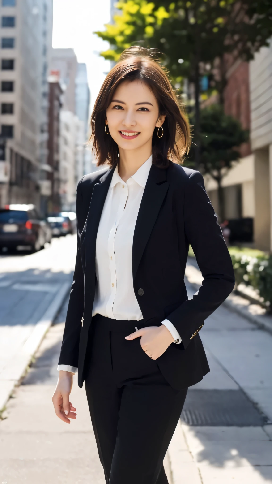 (8k, RAW Photos, highest quality, masterpiece: 1.2), (Realistic, photoRealistic: 1.37), 1 Woman in a suit standing on the sidewalk, Cityscape, Day, Sunny Morning, Professional Lighting, Photon Mapping, Radio City, Brazilian Women, Torn, shirt, Woman in a suit, Silk Suit,The best smile:1.5,Silver Hair:1.5