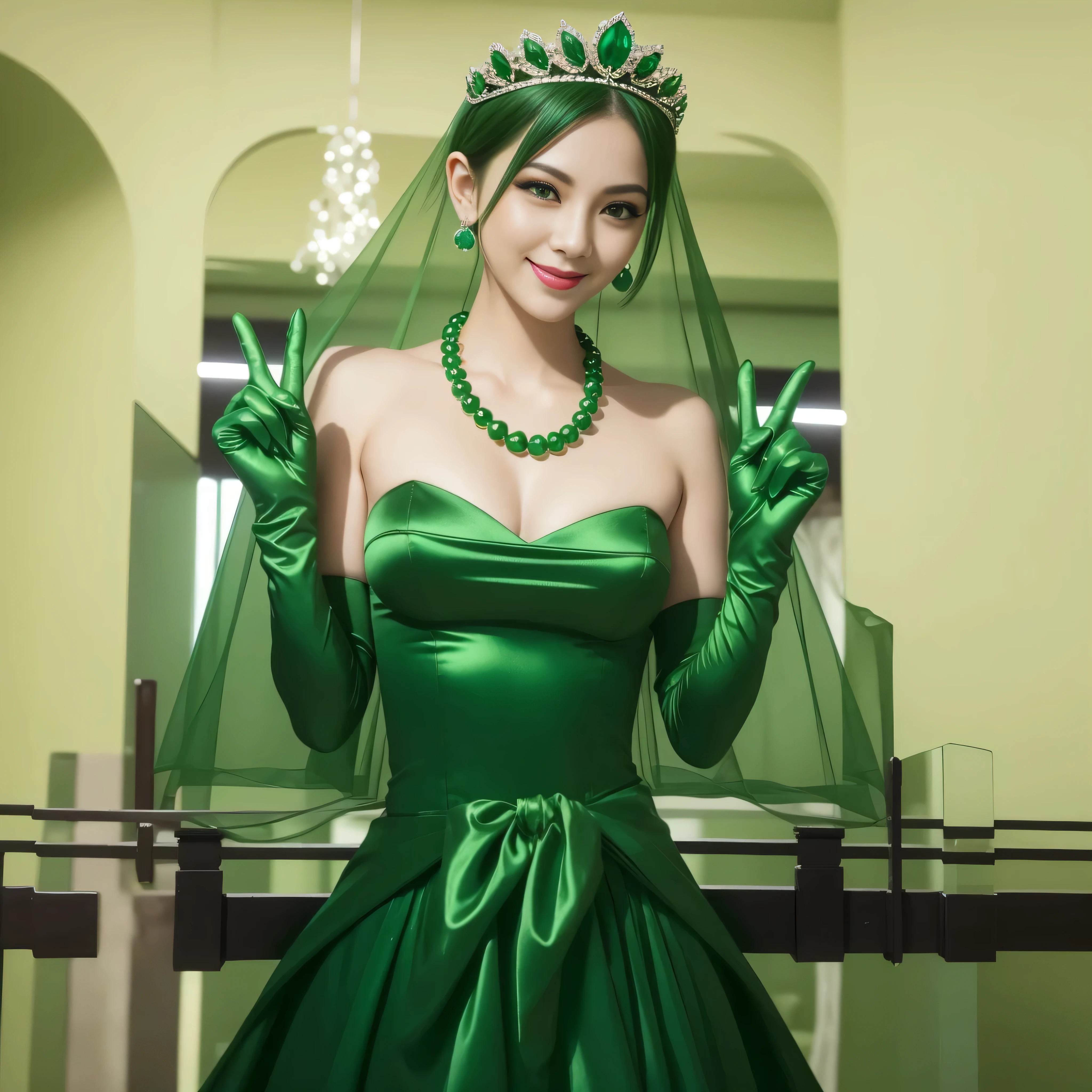 Emerald tiara, Green Pearl Necklace, Boyish very short green hair, lipstick, Smiling Japanese woman, Very short hair, Big and beautiful, Green Eyes, Long green satin gloves, Green Eyes, V sign, Emerald Earrings, Green veil,30-year-old female, Big Breasts