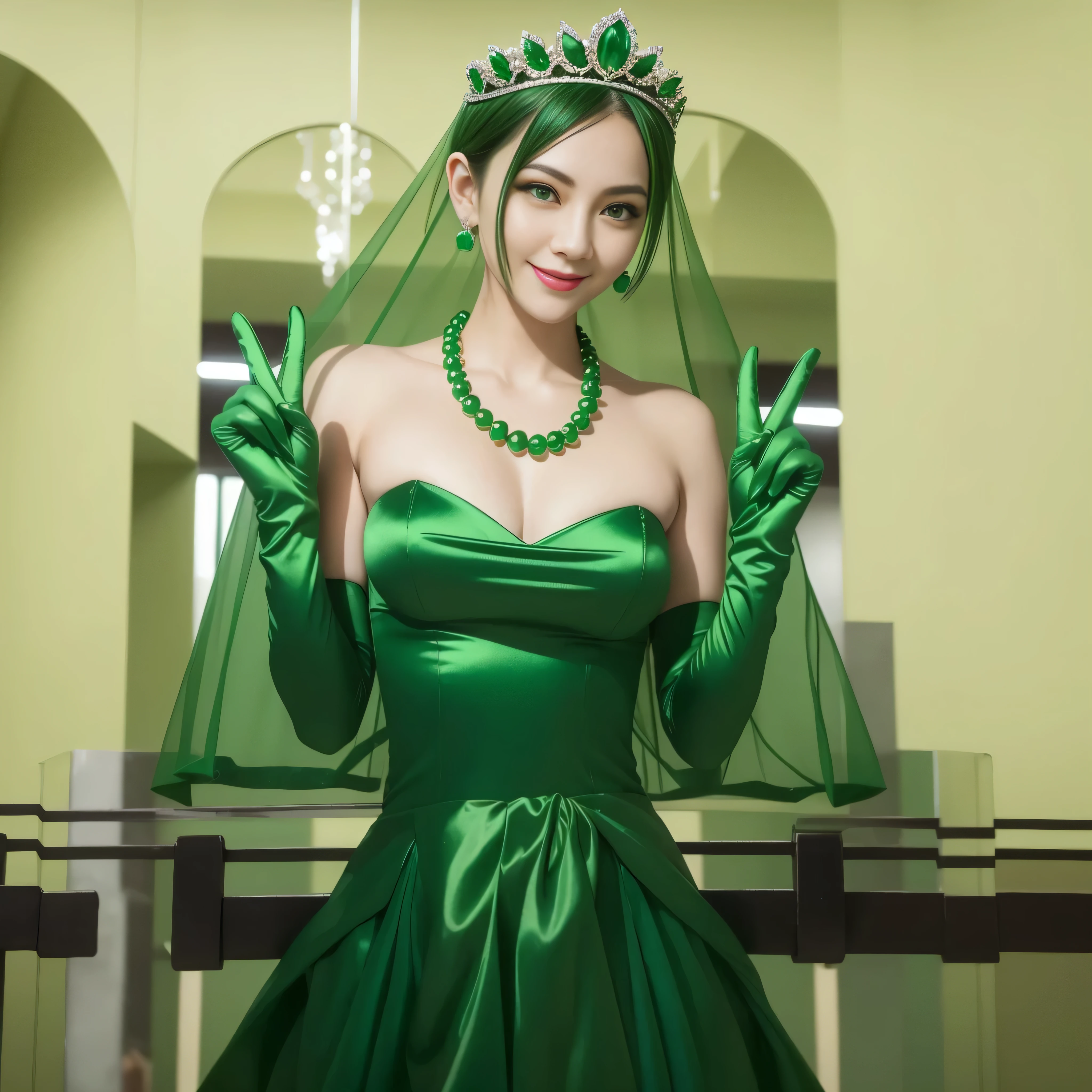 Emerald tiara, Green Pearl Necklace, Boyish very short green hair, lipstick, Smiling Japanese woman, Very short hair, Big and beautiful, Green Eyes, Long green satin gloves, Green Eyes, V sign, Emerald Earrings, Green veil,30-year-old female, Big Breasts