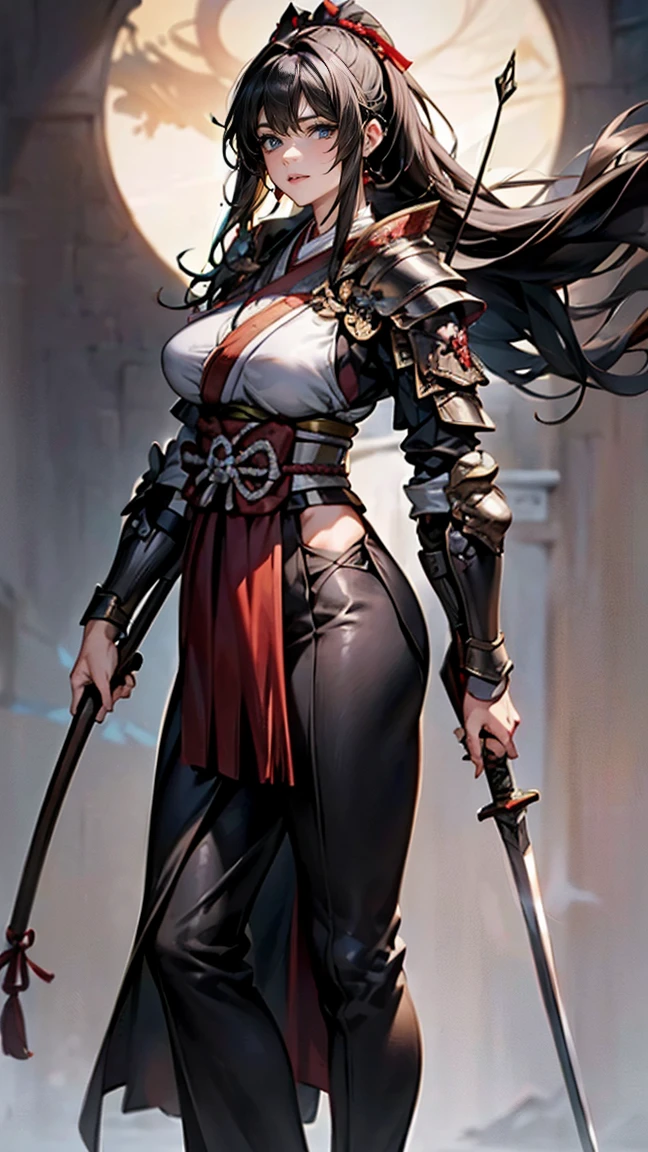 highest quality、masterpiece、8k、Realistic、超High resolution、Very delicate and beautiful、High resolution、Cinema Lighting、medium range shooting、Portraiture、Perfect female body、Beautiful woman、Mature Woman、Opposition、(Big Breasts:1.4)、Looking at the audience、grassland、(Female Samurai from Another World、traditional armor、Scarlet Hakama、Sharp sword、Long black hair、Strong body、The Spirit of Bushido、Battle Scars、Bow and arrow on back、A short sword in the obi、Brave eyes、Shoulder pad with family crest、Leather sandals)、Ready to Battle、Kimono swaying in the wind、A determined look、Ancient Tactics、Otherworldly background、Silence after the war