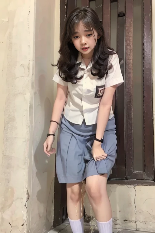 (pp clothes), (realistic), A girl sees the ghost and peed herself, standing position, peeing herself on to skirt, peeing:1.3, urination:1.3