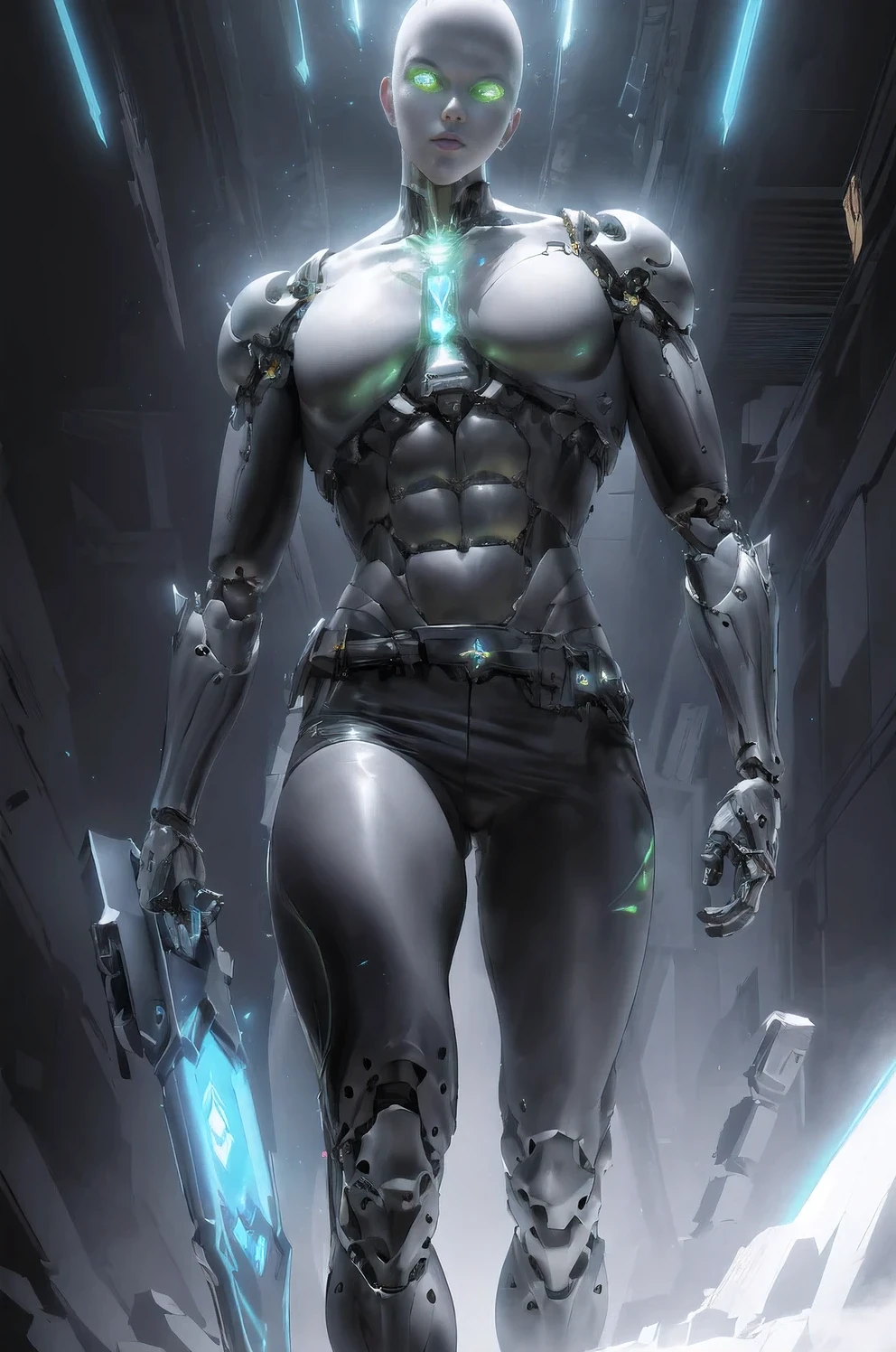 (from front:1.5), (1mechanical girl:1.5),full body, solo, Slim waist, thick thighs,  (machine made joints:1.2),(machanical limbs:1.1),(blood vessels connected to tubes),(mechanical vertebra attaching to back),(mechanical cervial attaching to neck), lights on armor, mecha headglass, (Luminous Arms:1.5), (laser eyes:1.5), expressionless, huge breast, 

colorful,hdr, ray tracing, nvidia rtx, super-resolution, unreal 5, subsurface scattering, pbr texturing, post-processing, anisotropic filtering, depth of field, maximum clarity and sharpness, rule of thirds, 16k raw, (luminescent particles:1.4), extremely detailed cg, unity 8k wallpaper, 3d, cinematic lighting, lens flare, reflections, sharp focus, cyberpunk art,  realistic, highly detailed CG illustration, an extremely delicate and beautiful, cinematic light, (photorealistic:1.5), (Dark background:1.5),dynamic angle, masterpiece, best quality, ultra-detailed, illustration, detailed light, dramatic_shadow,face shadow,extra detailed,best performance,