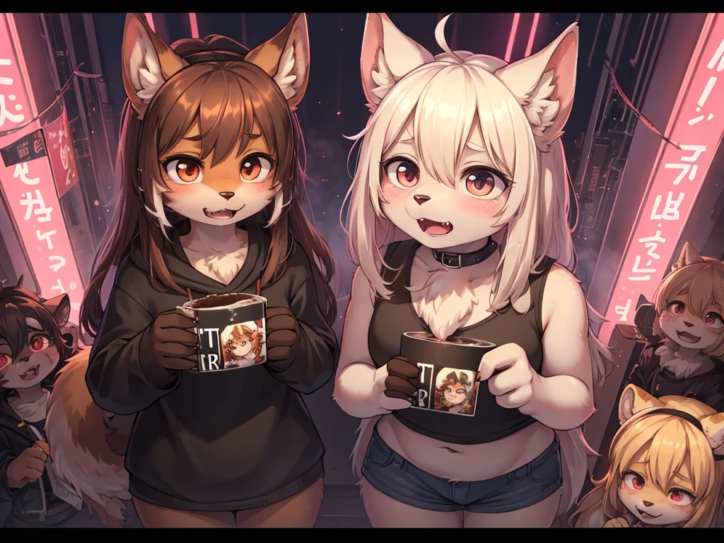 4girls, ruins, looking at user, massive breasts, lundersized hoodie, showing everything, fluffy fur, fluffy, billboards, hackers, at standing at computer on desk, undersized crop top, shorts, blushing, grouped up, undressing, getting dressed, undersized outfit, tall, front view, on rooftop, night, sitting, looking up smiling, rainy, no bra, no underwear