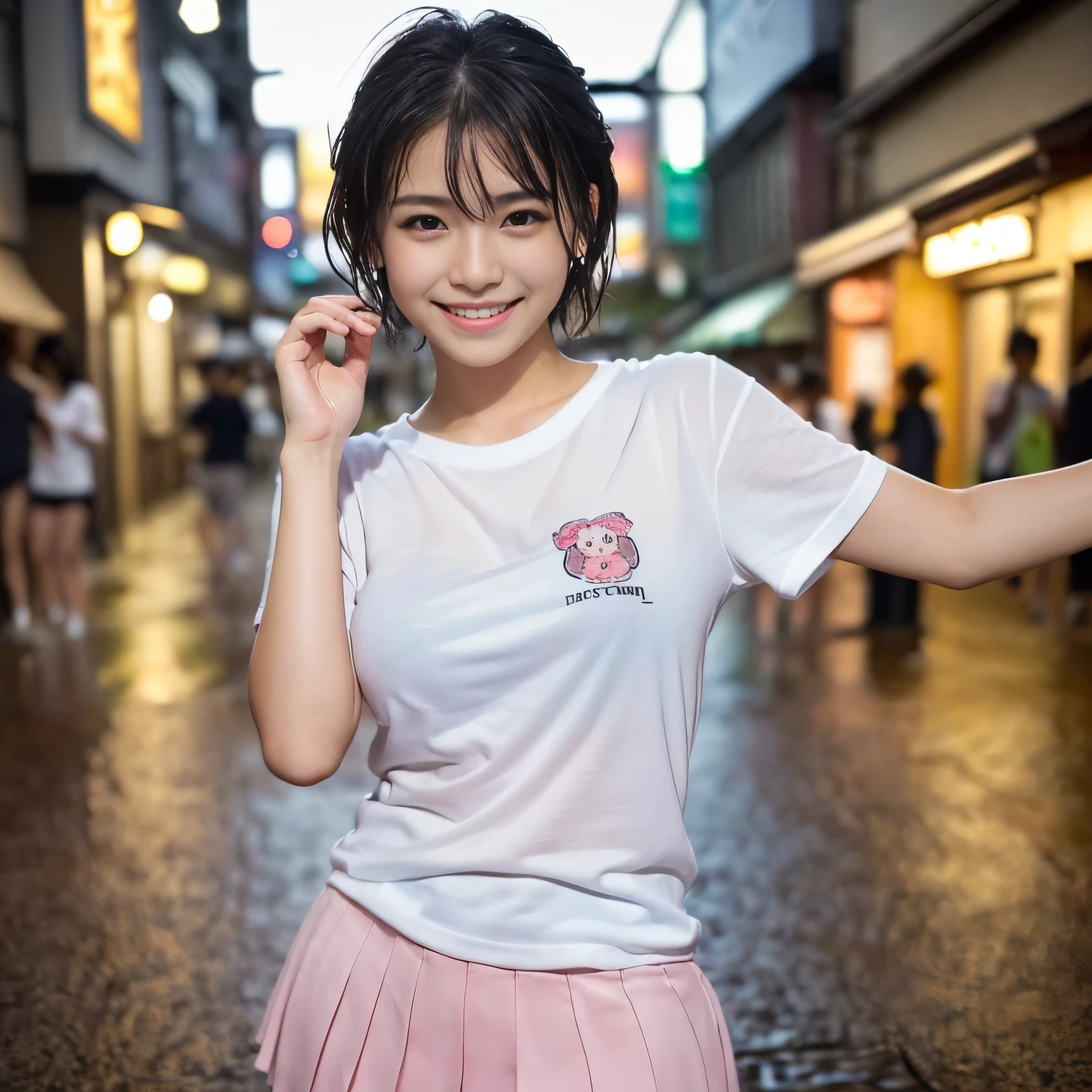 (Best-quality, Masterpiece, Ultra-High-Resolution, (Photorealistic:1.4), Raw Photo, depth of field, professional lighting, perfect anatomy, extremely details), 1girl, -yeld, thost famous Japanese idol, wearing white T-shirt and light-pink pleated skirt with cute design, portrait, Midnight, On Main Street in Japan, (((drunk, intoxicated, innocent smile):1.4)), raining heavily, soaked all over by the heavy rain, ((extremely cute and extremely wet drunken-face from heavy-rain, ((extremely cute and extremely big drunken-eyes)), extremely cute and extremely wet short-cut-haired from heavy-rain, extremely beautiful and extremely wet drunken-skins from heavy-rain, extremely cute long-eyelashes, extremely cute lips, extremely cute and extremely wet body from heavy-rain, Clothes that have been soaked in heavy-rain)), ((detailed heavy-rain):1.3)