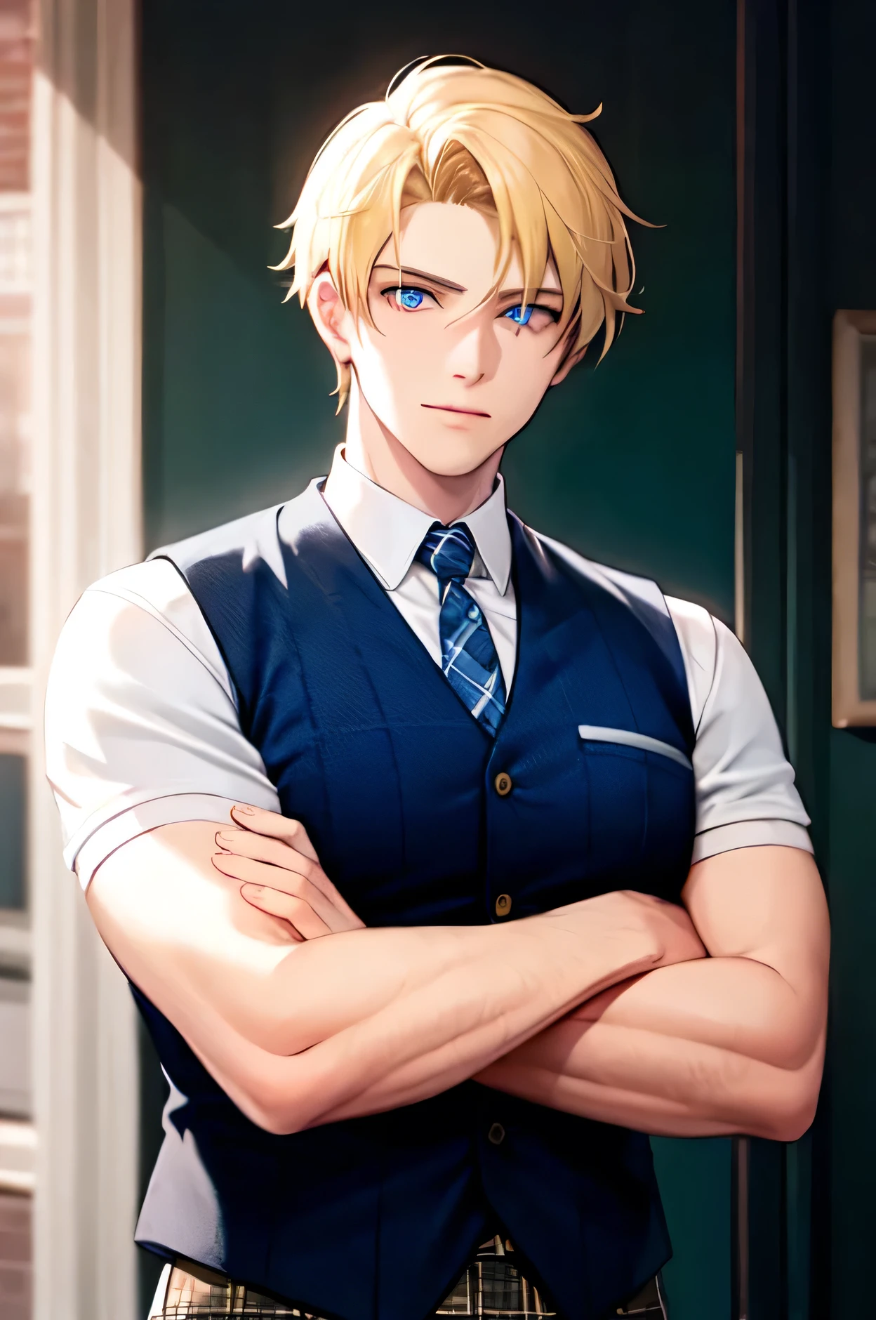 a man who has blonde hair, blue eyes, a strong jawline, wearing a blue plaid vest under a white shirt. He is posing with his arms crossed. The background is a luxurious college building. 