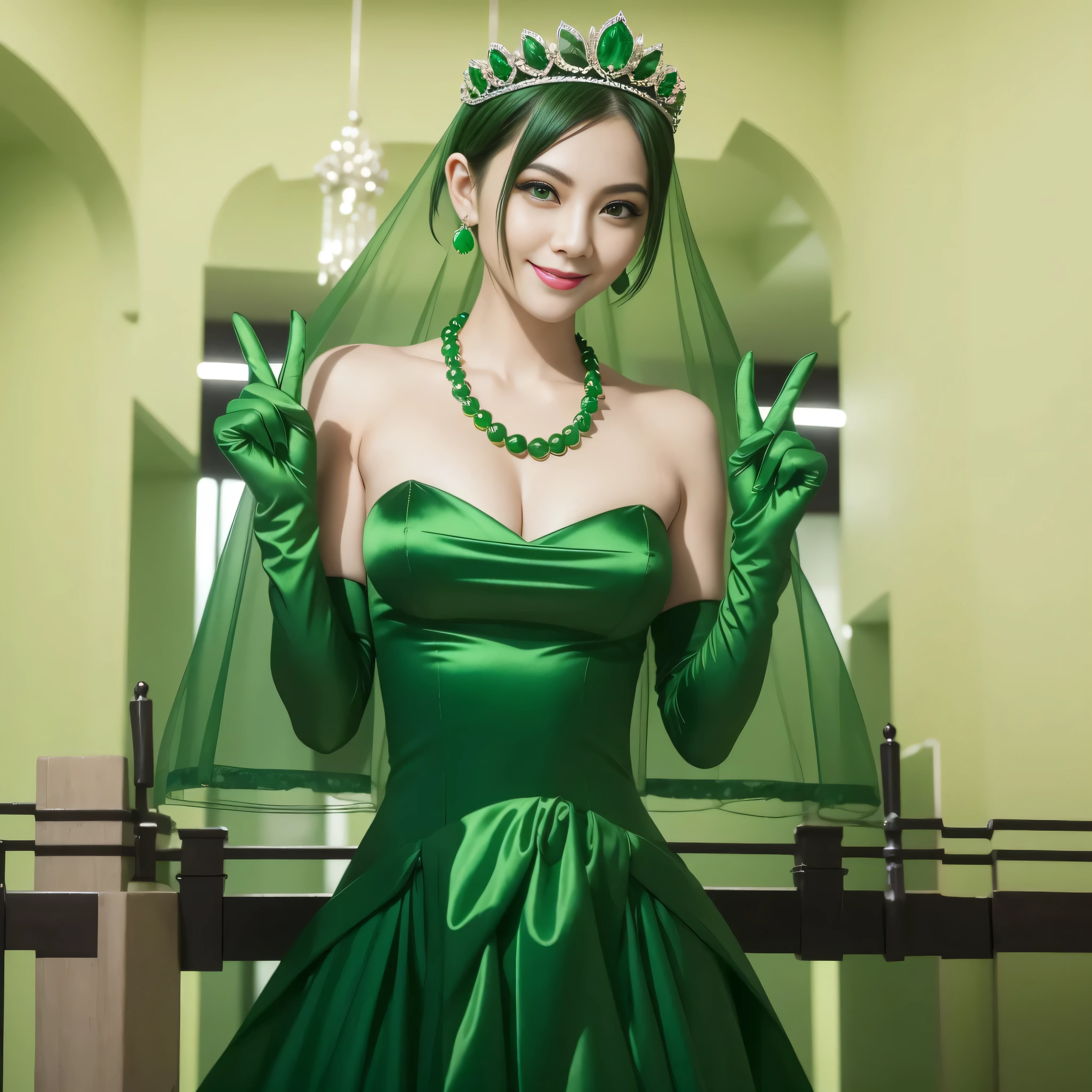 Emerald tiara, Green Pearl Necklace, Boyish very short green hair, lipstick, Smiling Japanese woman, Very short hair, Big and beautiful, Green Eyes, Long green satin gloves, Green Eyes, V sign, Emerald Earrings, Green veil,30-year-old female,