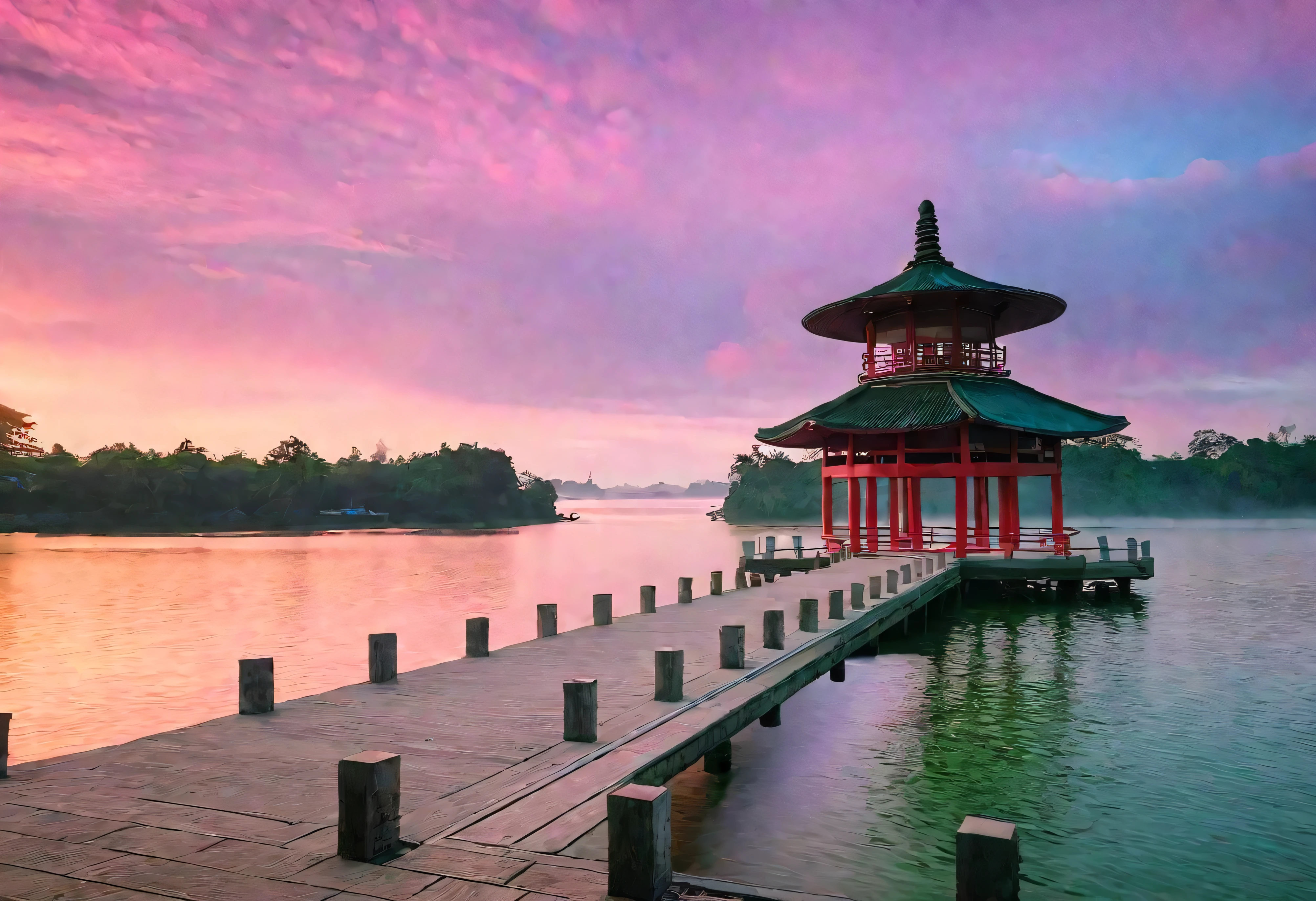 There is a pier,There is a pagoda on the pier,Next to it is a body of water, In the peaceful scenery,Reflection on the surface of the water,Pink clouds in the sky,Flowing clouds