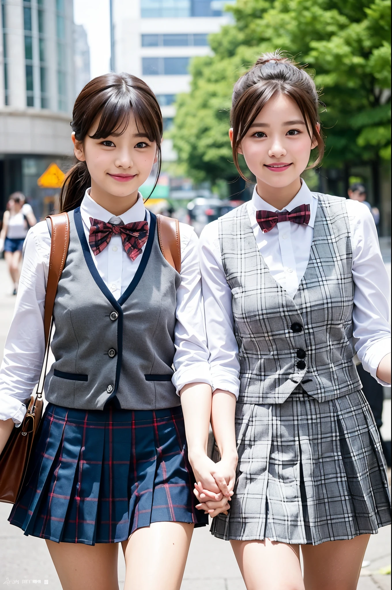 2 girls walking in city,gray plaid vest over white shirt with red bow tie,gray plaid pleated skirt,18-year-old,bangs,a little smile,thighs,knees,short hair and low ponytail with barrette,from beside,front light