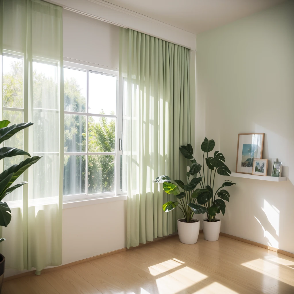 ins style, indoor, Horizontal view, Ultra HD, ccurate, high resolution, Home scene, There are green plants, There are windows and white curtains, Light-colored wall with texture, White wall, Canon, High Detail, Chiaroscuro, Ray Tracing, wide shot, atmospheric perspective, masterpiece, high quality, Best quality, 16K