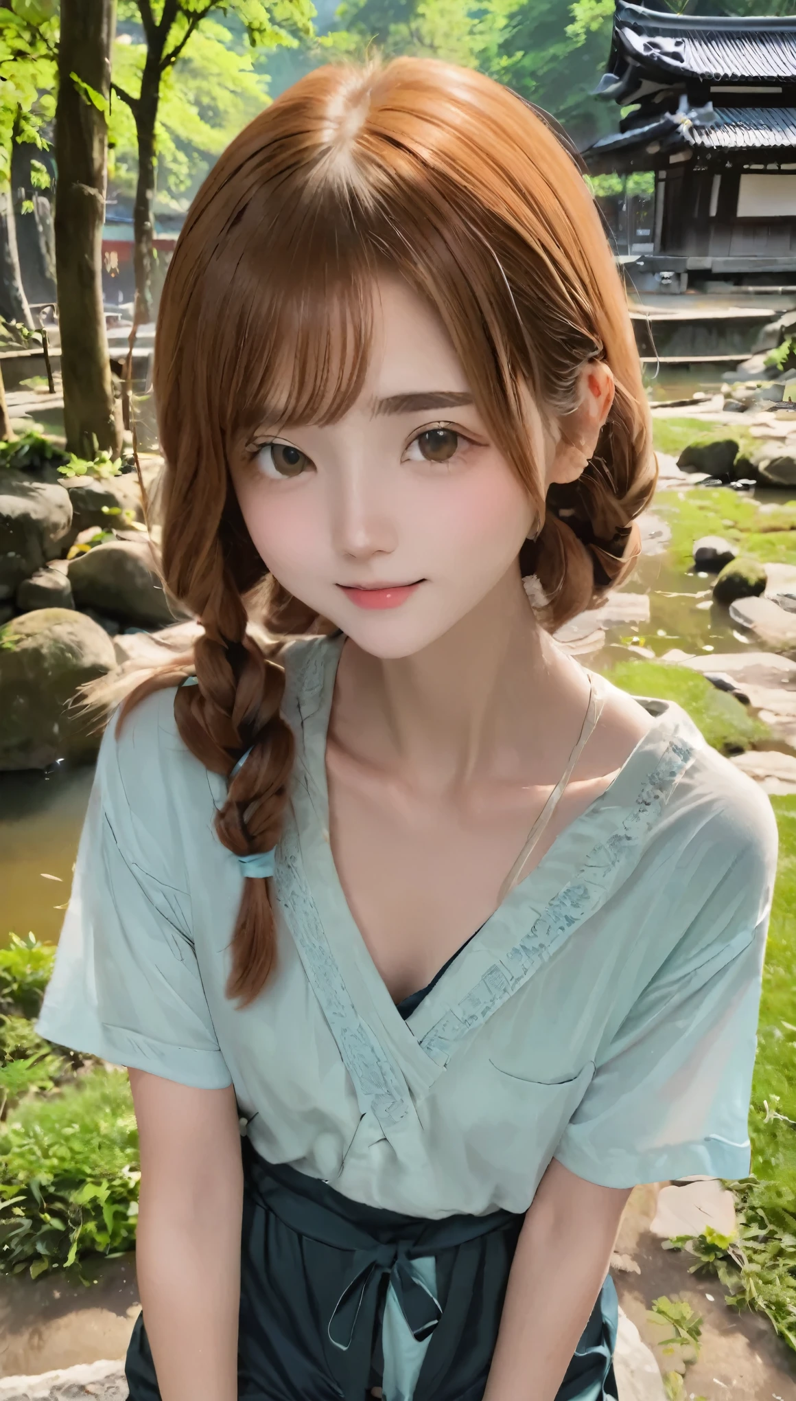RAW Photos、Realistic、Ultra-realistic、Full body angle、(((One Girl、cute、Chestnut Hair)))、(((Duck Mouth、Dimples、Highly detailed face and skin texture)))、(((Tie up your hair:1.37)))、Casual T-shirts:1.37、Slightly naughty hot pants、Casual sandals、Buddhist temples in Japan、Gravel ground、Stroll around the temple grounds、why?、Creating Silence、highest quality、masterpiece、Ultra-high resolution、8k