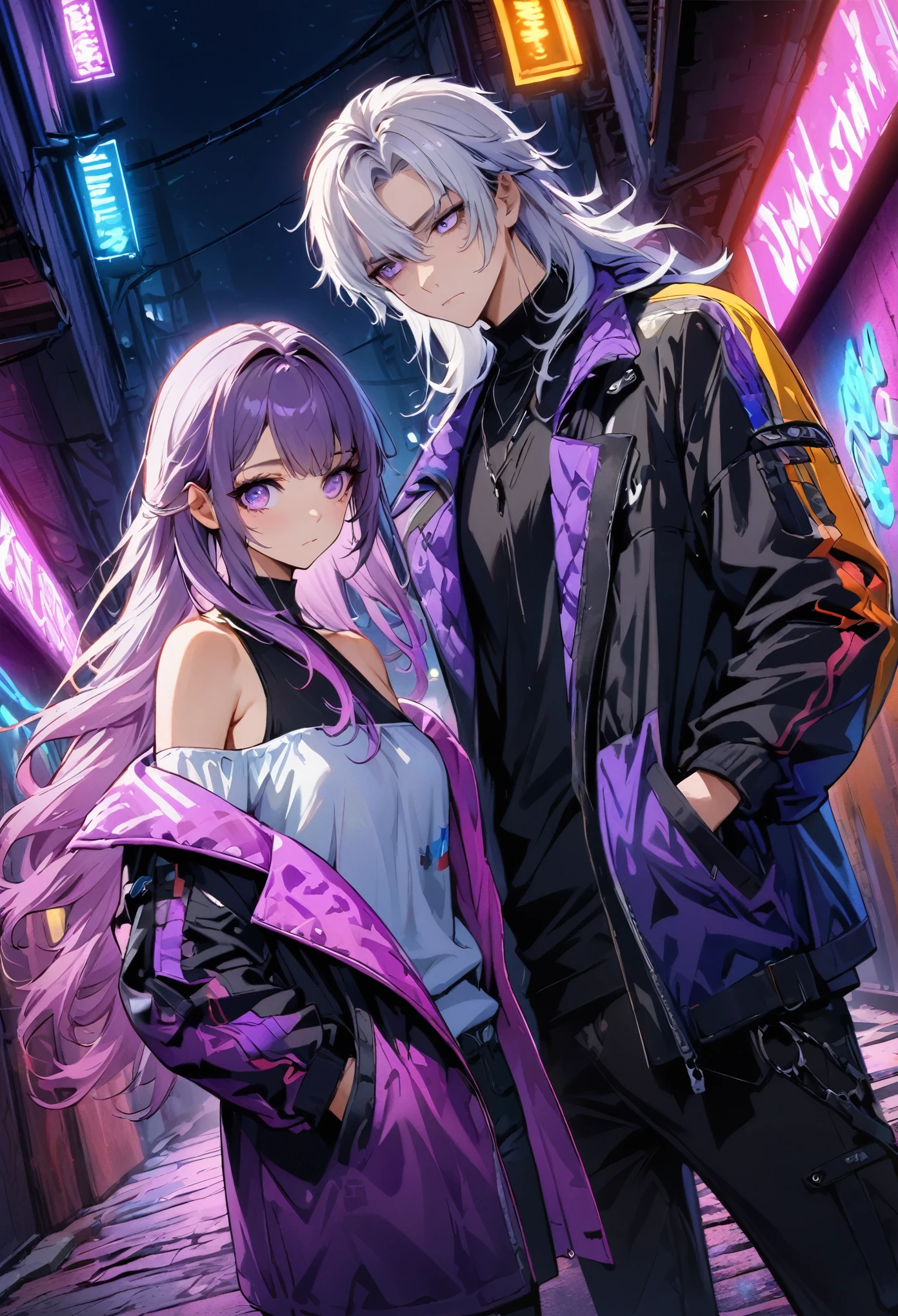 (((8k wallpaper, Extremely detailed CG :1.2, masterpiece, High resolution:1.2, Top quality:1.2))), ((defined eyes))), (((detailed face)), two short haired boys staring at each other, (( yinji, purple hair, purple eyes, long hair, white hair, gradient hair, Hands in pockets:1.8, Street Fashion:1.2, Wearing a colorful coat:1.2)), ( Off-shoulder), ((Empty alleys, night, Neon Street)), (High Angle)