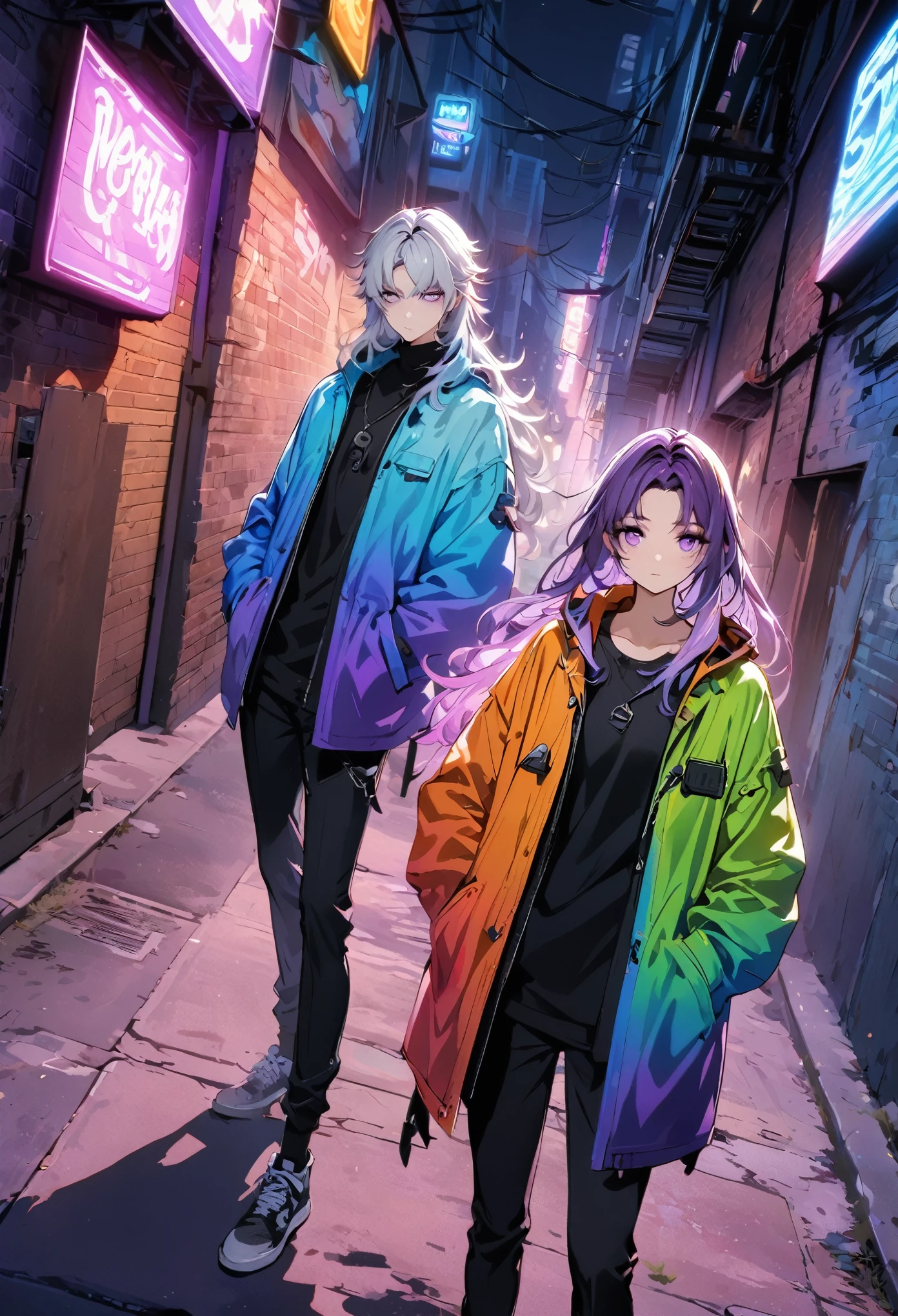 (((8k wallpaper, Extremely detailed CG :1.2, masterpiece, High resolution:1.2, Top quality:1.2))), ((defined eyes))), (((detailed face)), two short haired boys staring at each other,  (( yinji, purple hair, purple eyes, long hair, white hair, gradient hair, Hands in pockets:1.8, Street Fashion:1.2, Wearing a colorful coat:1.2)), ( Off-shoulder), ((Empty alleys, night, Neon Street)), (High Angle)