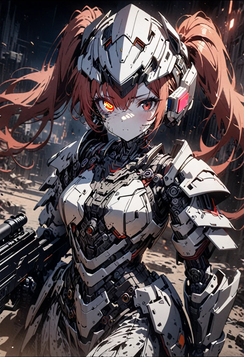 8k, 1girl, robot girl, red hair, twin tails, red eyes, white and gray camouflage clothing, she wearing flashy robot armor, holding an urban camouflage long range rifle, a robot-like helmet on the head, scouter in one eye, the skin on half of the face has peeled off, the base of the cyborg is visible, face full of scars, close up face, shot from an angle, hyper-detailed,  intricate details, cinematic lighting, dramatic colors, concept art style