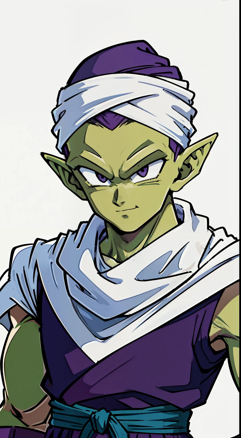 (high-quality, breathtaking),(expressive eyes, perfect face) Symmetrical Eyes, portrait, dragon ball z,piccolo,1boy, male focus, upper body, solo, standing, pointy ears,purple dougi,purple pants,green skin,blue sash,(white turban), white cape,smile,closed mouth, looking at viewer, bald,black eyes, grey background, pink patches
