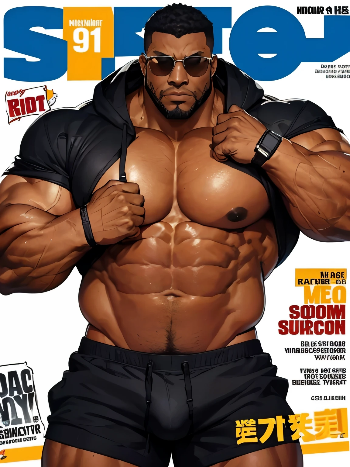 (magazine cover), with text, solo, 1boy, (Huge Muscular black man as a security guard, wearing blue sports hoodie) (short hair), pectoral, sunglasses, abnormal muscle size, very big muscle, (tan skin: 1.2), (crotch bulge: 1.2), absurdly muscle size, huge pectoral, wide pectoral, (bara pecs: 1.4), (hairy chest: 1.1), short hair, short bearded, simple background, masterpiece, high detailed, 8k, high resolution, --style 250, -- v 6.0
