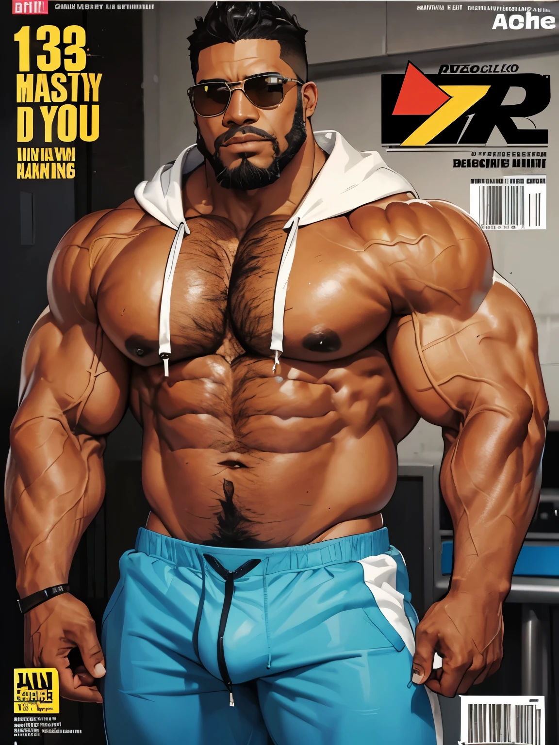(magazine cover), with text, solo, 1boy, (Huge Muscular black man as a security guard, wearing blue sports hoodie) (short hair), pectoral, sunglasses, abnormal muscle size, very big muscle, (tan skin: 1.2), (crotch bulge: 1.2), absurdly muscle size, huge pectoral, wide pectoral, (bara pecs: 1.4), (hairy chest: 1.1), short hair, short bearded, simple background, masterpiece, high detailed, 8k, high resolution, --style 250, -- v 6.0