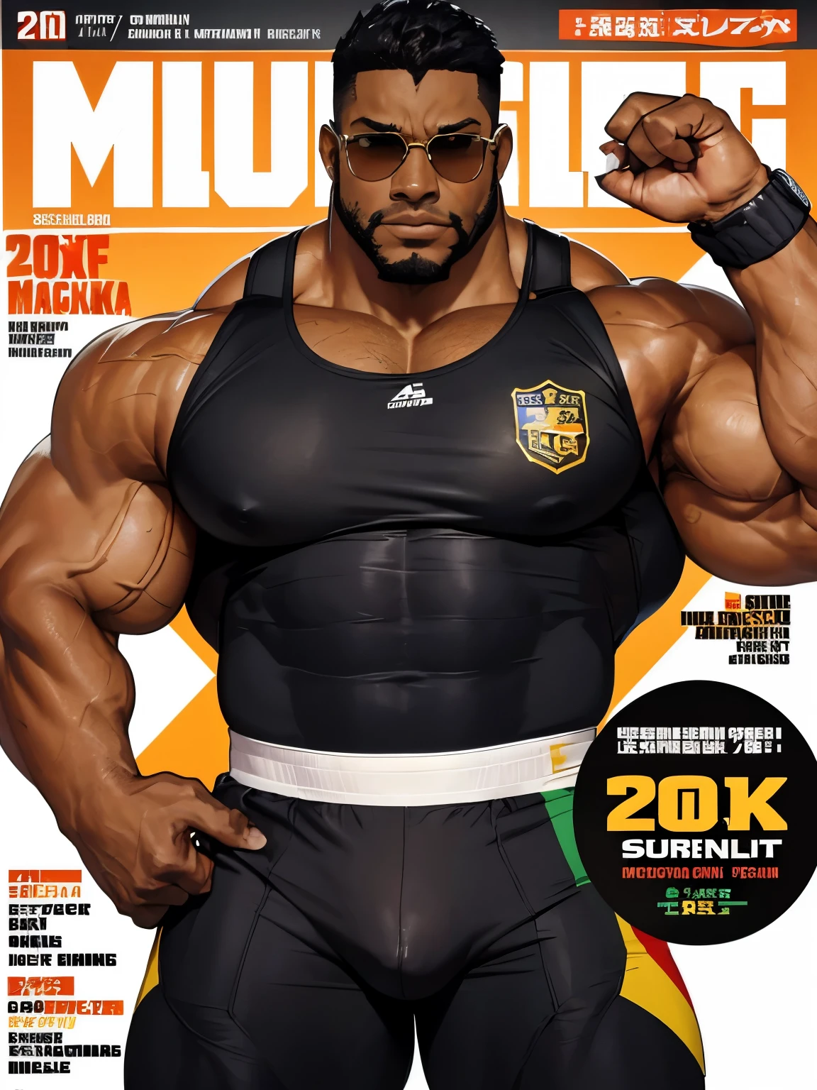 (magazine cover), with text, solo, 1boy, (Huge Muscular black man as a security guard, wearing football jersey) (short hair), pectoral, sunglasses, abnormal muscle size, very big muscle, (tan skin: 1.2), (crotch bulge: 1.2), absurdly muscle size, huge pectoral, wide pectoral, (bara pecs: 1.4), (hairy chest: 1.1), short hair, short bearded, simple background, masterpiece, high detailed, 8k, high resolution, --style 250, -- v 6.0