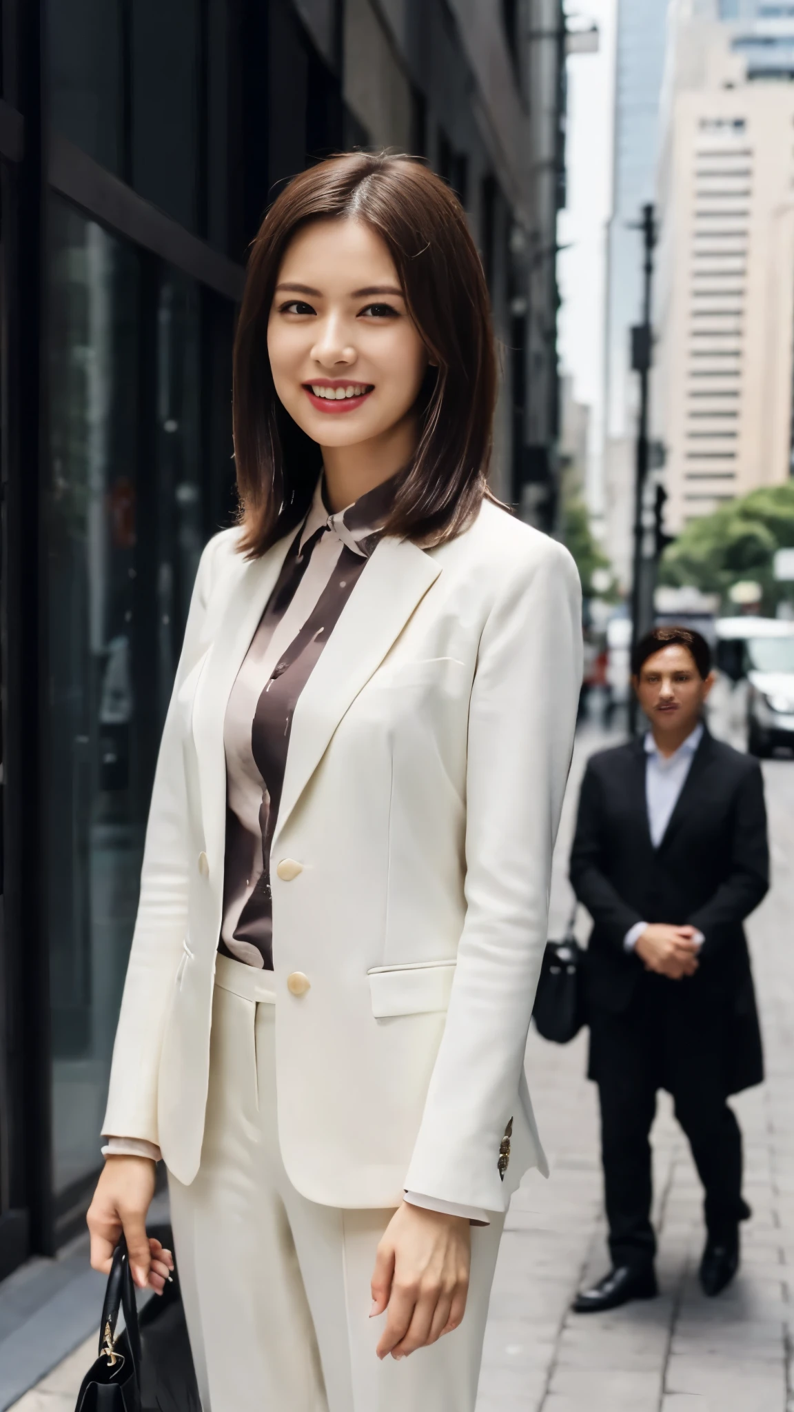 (8k, best quality, masterpiece, golden ratio composition,:1.3),(A beautiful Japanese mature female, 34 years old, Asian face, white suit, white mini skirt,smile:1.2), (huge breasts:1.1), (Zoom out shot:1.3), city,