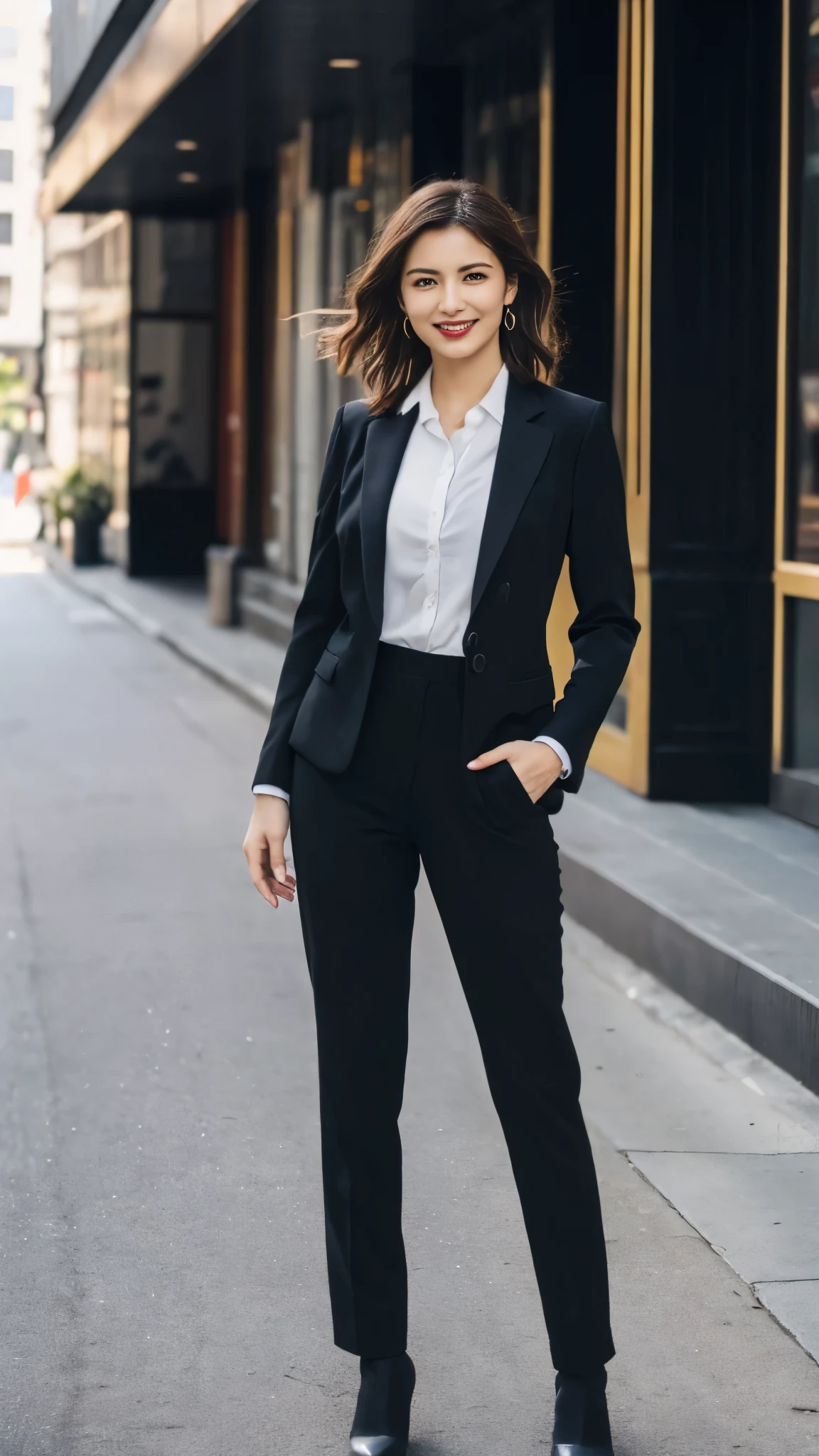 (8k, RAW Photos, highest quality, masterpiece: 1.2), (Realistic, photoRealistic: 1.37), 1 Woman in a suit standing on the sidewalk, Cityscape, Day, Sunny Morning, Professional Lighting, Photon Mapping, Radio City, Brazilian Women, Torn, shirt, Woman in a suit, Silk Suit,The best smile:1.5,Silver Hair:1.5