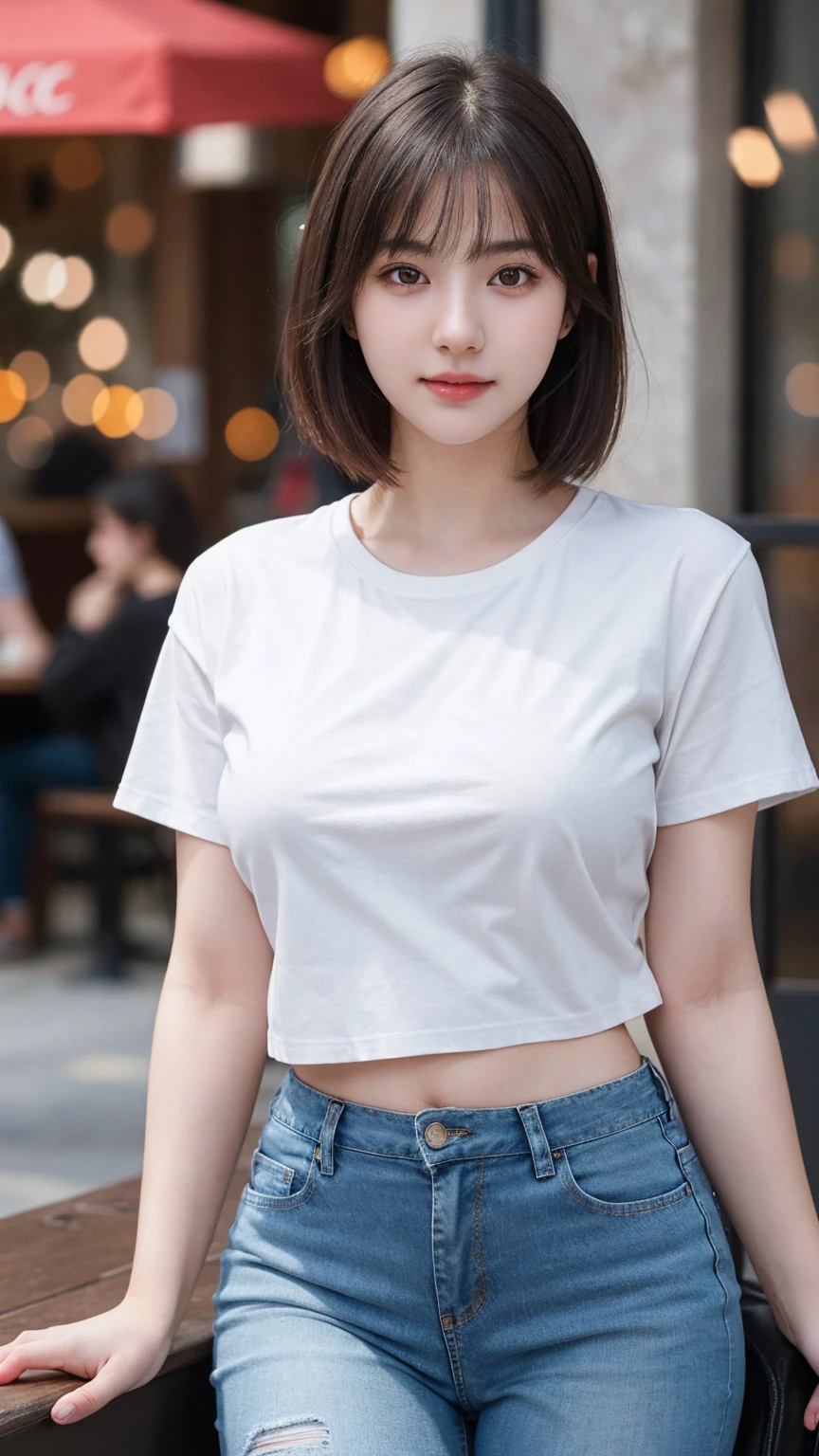 ((best quality)), photorealistic, photorealism, Photorealistic, high resolution, 1girl aiming with an assault rifle, Beautiful, , 20 Years Old, White Skin, pale skin, Large Breasts, huge breast, seductive pose, looking at the camera, (Detailed face), short hair, sexy body, (wearing t shirt and short jeans, high-tech headset), cloths color based on black), revealed thigh, Fingers are occlude, bokeh, cafe background