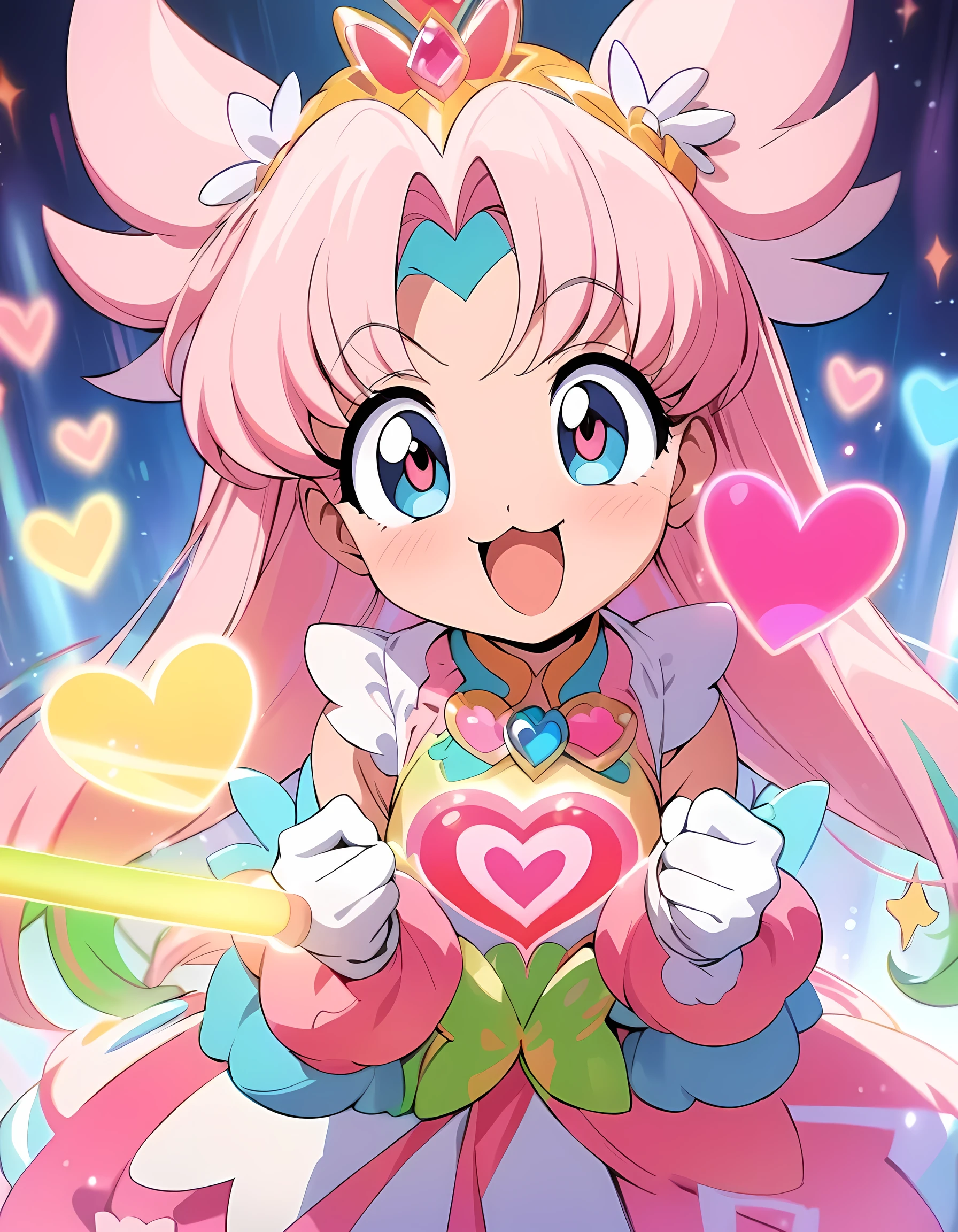 (best quality, masterpiece, highres:1.2), detailed, 90s Cartoons, Magical girls, cute mascots, colorful costumes, magic sticks, hearts and flowers soar in the background,