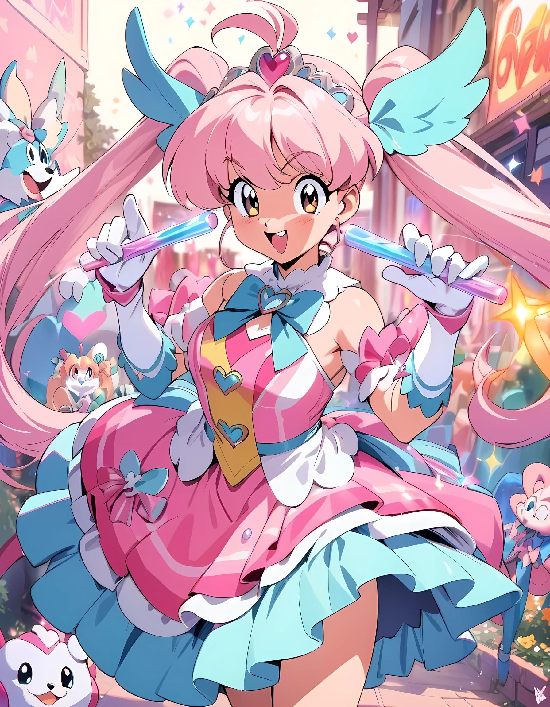 (best quality, masterpiece, highres:1.2), detailed, 90s Cartoons, Magical girls, cute mascots, colorful costumes, magic sticks, hearts and flowers soar in the background,