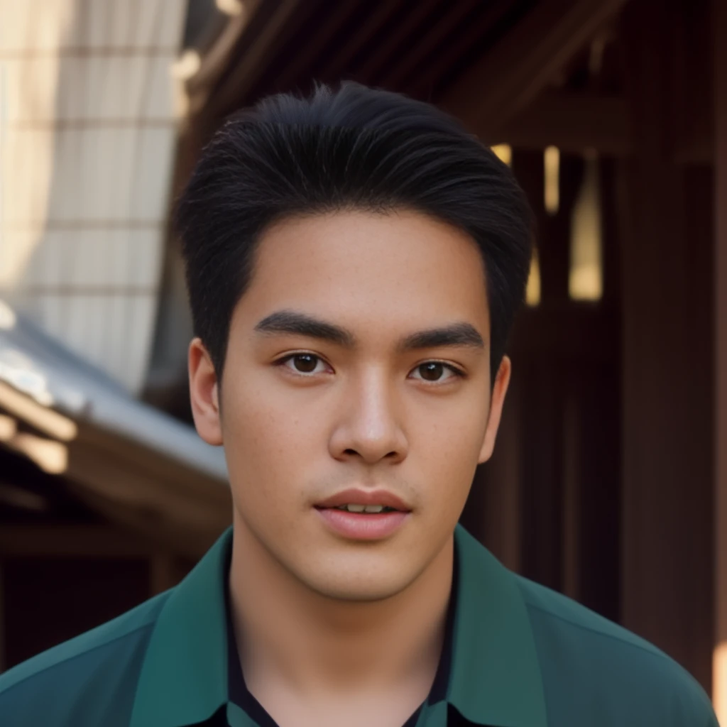 A man wearing a gray shirt stands in a green field., Headshot profile picture, Asian man, Headshot, Portrait in the middle of a shot, Handsome Chad Chin, Southeast Asians with round faces, Niwan Chandra, Rick Dai, Damian Tran, handsome man, According to Thawan Duchanee&#39;s style, A young man with a beautiful face, handsome face