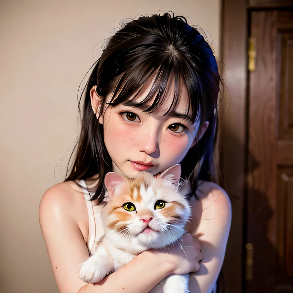 RAW photo, 8K, realistic, (1girl, cat), (blush:1.3)