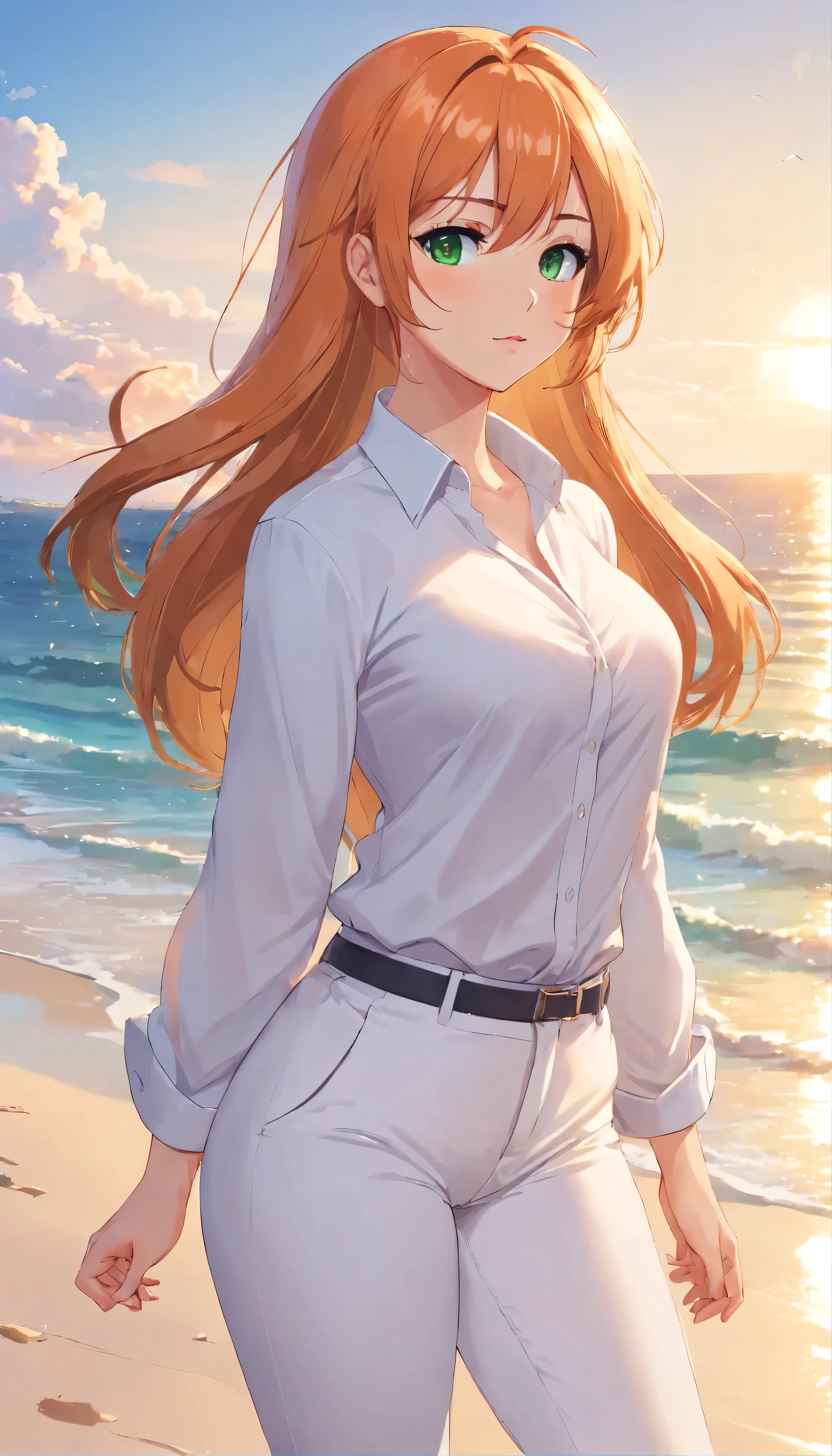 (masterpiece, Best quality), 8K, ultra detailed, realistic photo, Detailed face, perfect lighting, green eyes, bright orange hair, bright hair, fox ears, nice legs, side photo, beautiful, Cute, skin pores, 1 girl, perfect shirt, fully dressed, beautiful women 30 years old, Beautiful proportions, Russian woman, Caucasian, European, Business lady, stunningly beautiful woman, mother, thick legs, show ass, big breasts, (Thin white shirt:1.4), thick, hot, (White Office Wear:1.4), tight pants, (wide hips:1.2), thick, (white Office pants:1.3), spread your legs, Legs open, full length, wide hips, Glasses, with long orange hair, standing on the beach near the ocean, green eyes detailed digital anime art, cat ear, anime girl with long hair, гладкое аниме cg art, anime girl with long hair, digital anime art, work in Guweiz style, Beautiful anime portrait, Photorealistic render of an anime girl, pantyhose, Beautiful anime girl, advanced digital anime art, guweiz на artstation pixiv HD UHD HQ
