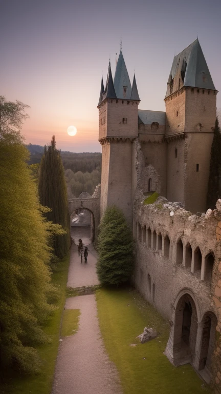 Ruins of a medieval castle, Moonlit night, young witches gather for the Sabbath, A minimum of clothing, open round, seductive breasts, Czech Republic,
