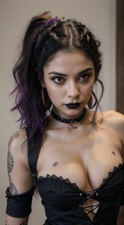 (best quality, hyperdetailed photography:1.2), beautiful Indian lady, ((dark black lipstick)), freckles, gothic makeup, soft light, curvy figure, head and breast portrait, cover, (detailed beautiful face, detail skin texture, ultra-detailed body:1.1) sexy vampire women, full body