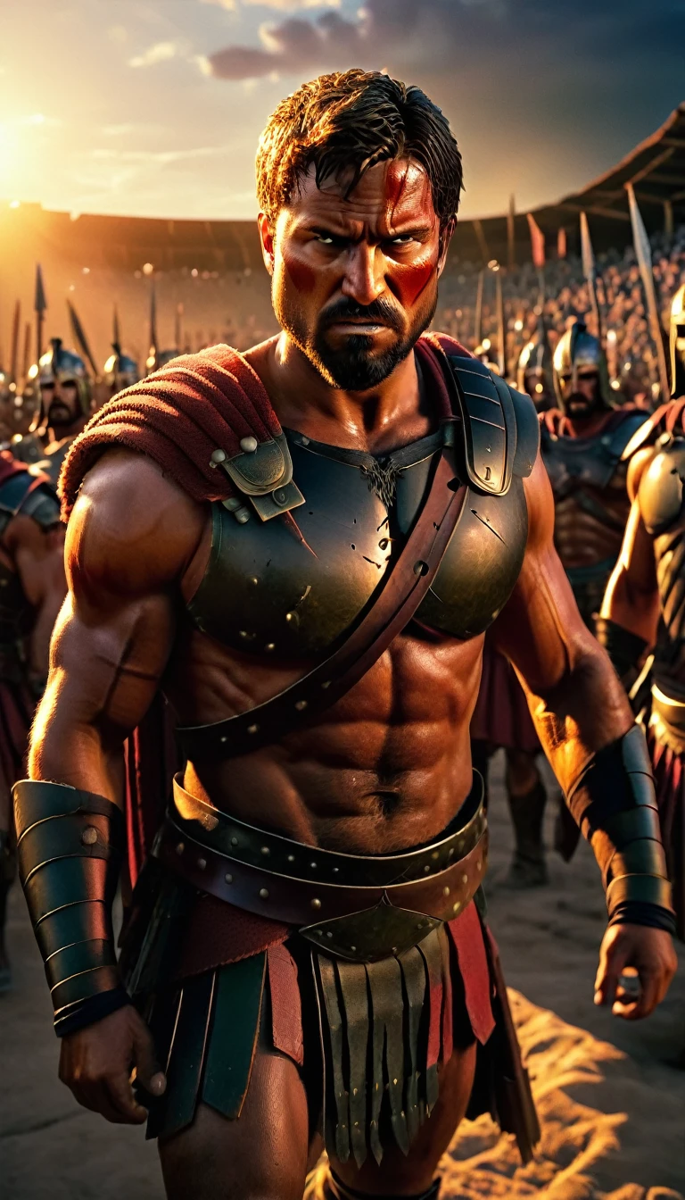 Full body, Create a detailed image of the annual Spartan event, featuring a massive arena where the best Spartan warriors and the bravest Helot slaves prepare to battle to the death, detailed face, detailed face expressions, natural face expressions, face in detail, asymmetrical faced, fair and smooth skin, detailed hands, detailed fingers, masterpiece, cinematic lighting, physically based rendering, lens flare, award winning rendering, perfect rendering detail, 8K, realism, detailed background, everything in detail, cinematic shot, dynamic lighting, 75mm, Technicolor, Panavision, cinemascope, fine details, 8k, HDR, realism, realistic, key visual, film still, superb cinematic color grading, depth of field,