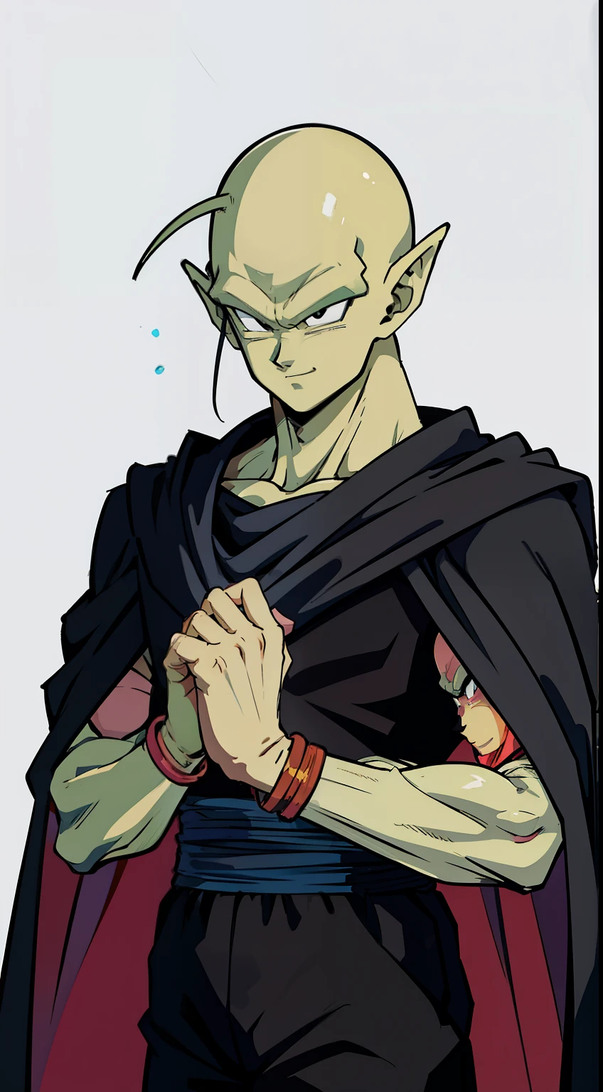 (high-quality, breathtaking),(expressive eyes, perfect face) Symmetrical Eyes, portrait, dragon ball z,piccolo,1boy, male focus, upper body, solo, standing, pointy ears,black dougi,black pants,green skin,blue sash, oni horns, red cape,smile, closed mouth, looking at viewer, bald,black eyes, grey background, pink patches