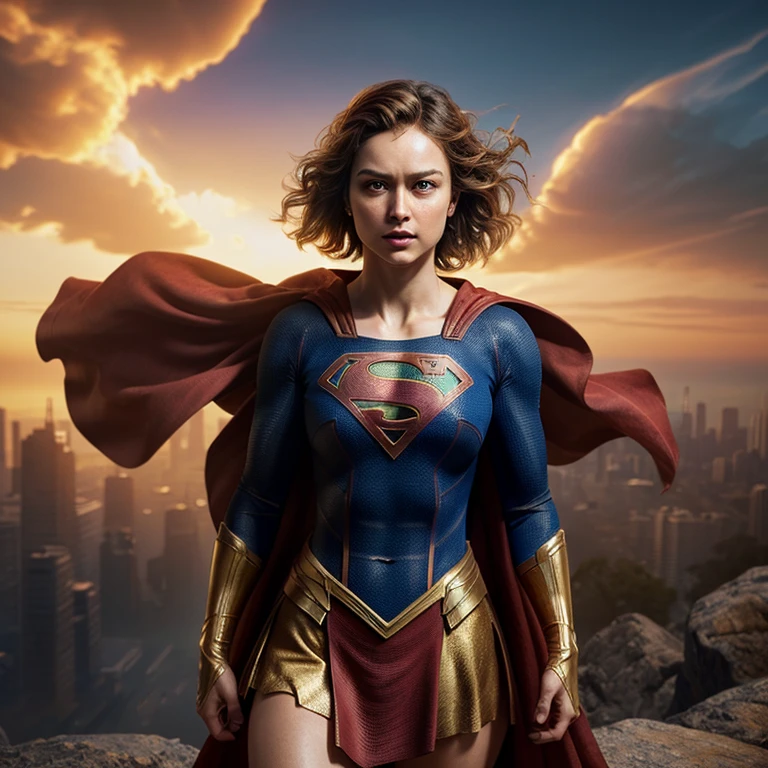Supergirl, above the city, preparing for battle, detailed artistic photography, beautiful detailed face, dreamy, glowing, backlit, glamour, glow, shadows, oil on canvas, brush strokes, soft, ultra high definition, 8k, unreal engine 5, ultra focus sharp, artgerm, loish, sf, intricate art masterpiece, menacing, matte paint movie poster, golden ratio, trends in cgsociety, intricate, epic, highly detailed, vibrant, production cinematic character rendering, quality model ultra high