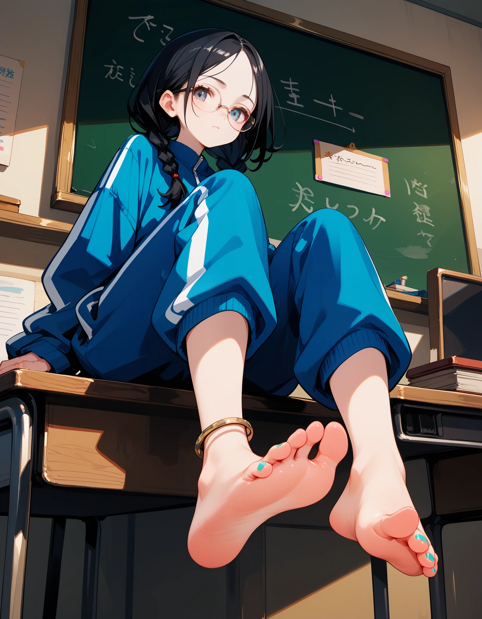 score_9, score_8_up,score_7_up,black hair,baggy blue track suit,baggy blue track pants,glasses,black hair,low twin braids, ,desk,sitting on desk,barefoot,foot focus,from below,anklet,bare legs,chalkboard,shiny skin,pale skin,colored toenails,