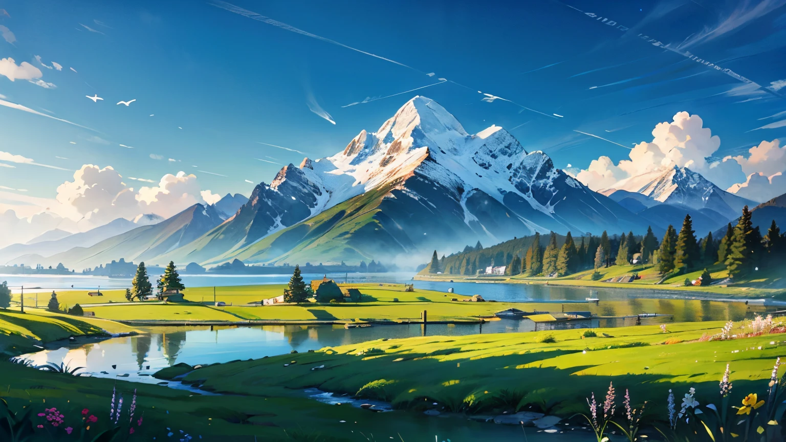 background,masterpiece,best quality,grassland,Mountain,lake