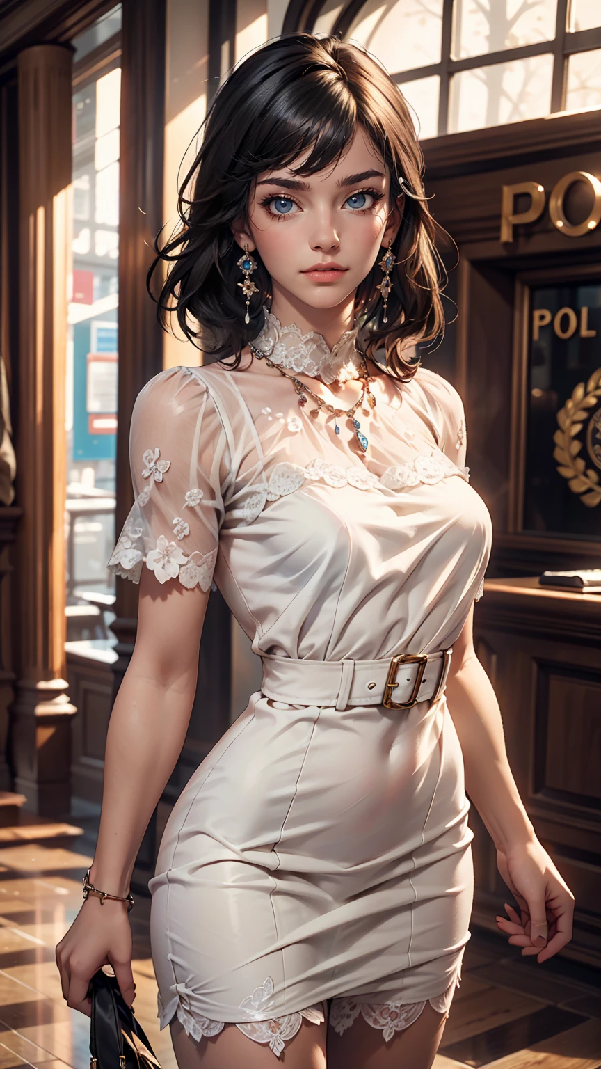 1 female, Black Hair, Blue Eyes, Delicate face, cute, Love Earrings, White Dress, Standing at the entrance to the police station, Playful, Ultra HD, masterpiece, highest quality, Super detailed, Accurate