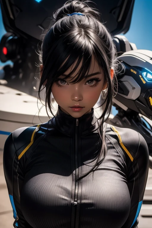 (((medium full shot))), (Masterpiece, photorealistic, photorealism, best quality, ultra-detailed:1.3), (nice hands, perfect hands), official art, cinematic light, (1girl:1.3), cat girl, black hairs, ponytail, grey eyes, full lips, red lipstick, lips slightly open, blushing, exited face, futuristic jumpsuit, black jumpsuit, skin-tight jumpsuit, cleavage, in front of a giant robot,