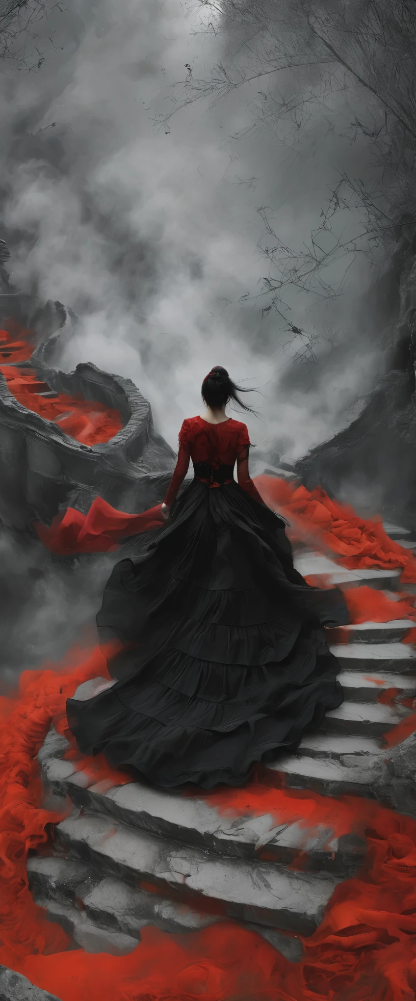 (masterpiece, best quality:1.2), 1girl, solo，front view，walking down a hell，walkwoman in black and red