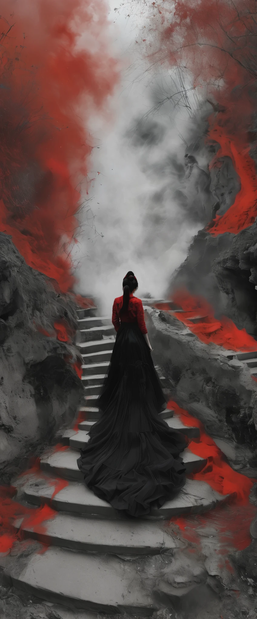 (masterpiece, best quality:1.2), 1girl, solo，front view，walking down a hell，walkwoman in black and red