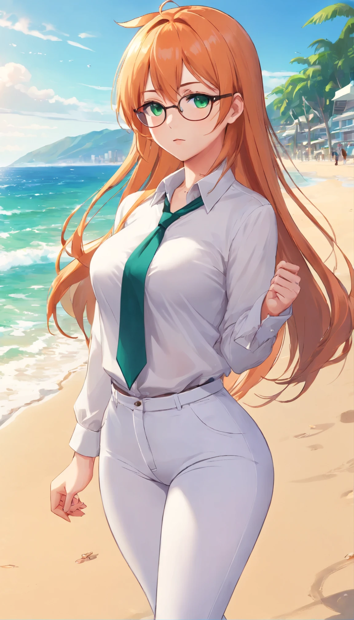 (masterpiece, Best quality), 8K, ultra detailed, realistic photo, Detailed face, perfect lighting, green eyes, bright orange hair, bright hair, fox ears, nice legs, side photo, beautiful, Cute, skin pores, 1 girl, perfect shirt, fully dressed, beautiful women 30 years old, Beautiful proportions, Russian woman, Caucasian, European, Business lady, stunningly beautiful woman, mother, thick legs, show ass, big breasts, (Thin white shirt:1.4), thick, hot, (White Office Wear:1.4), tight pants, (wide hips:1.2), thick, (white Office pants:1.3), spread your legs, Legs open, full length, wide hips, Glasses, with long orange hair, standing on the beach near the ocean, green eyes detailed digital anime art, cat ear, anime girl with long hair, гладкое аниме cg art, anime girl with long hair, digital anime art, work in Guweiz style, Beautiful anime portrait, Photorealistic render of an anime girl, pantyhose, Beautiful anime girl, advanced digital anime art, guweiz на artstation pixiv HD UHD HQ