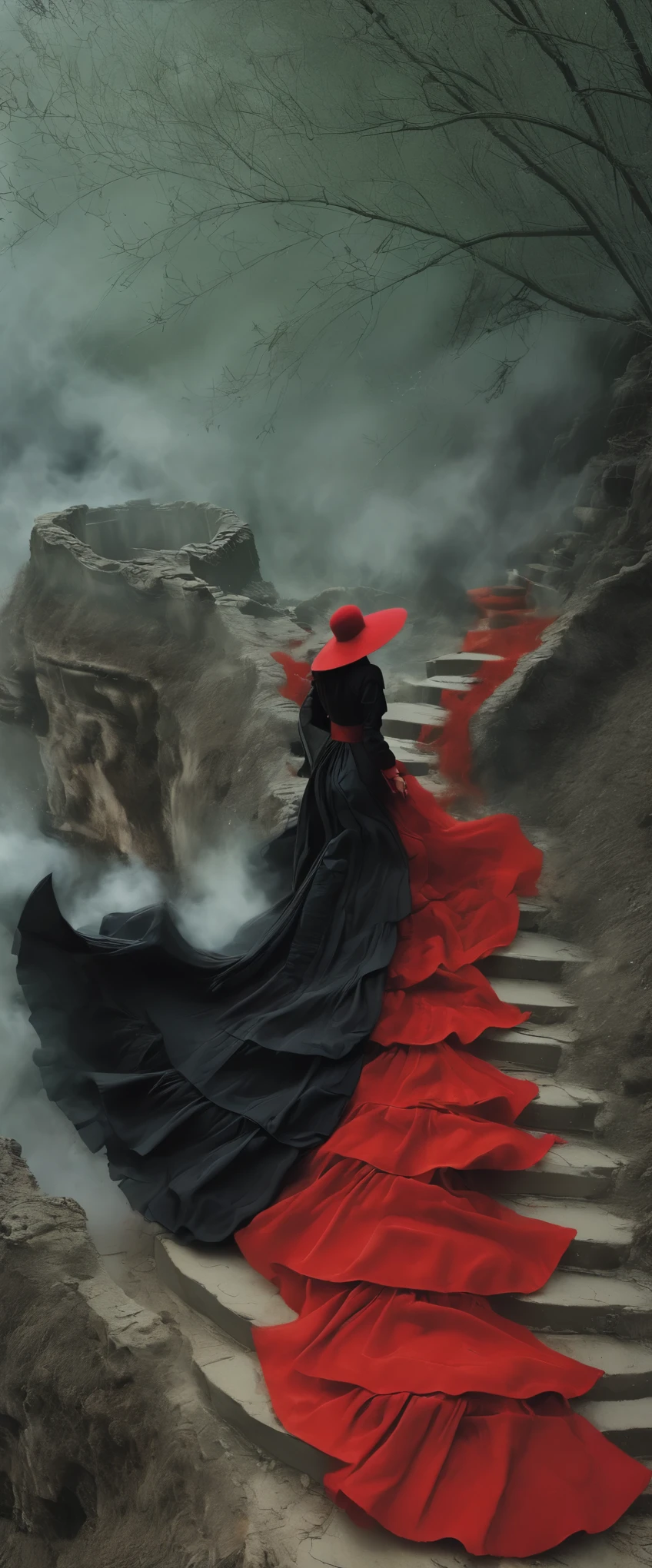 (masterpiece, best quality:1.2), 1girl, solo，front view，walking down a hell，walkwoman in black and red