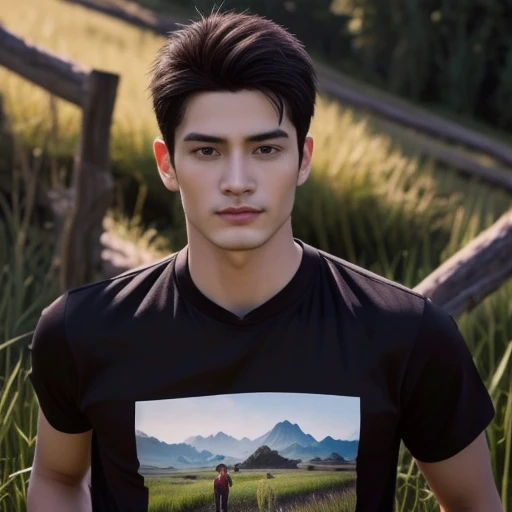 A man wearing a black shirt stands in a field., Inspired by Adam Dario Kiel, Realistic art style, Very handsome, very realistic, Inspiration from John Luke, Inspiration from Zhang Han, 3D, photoRealistic art style, Realistic art style, Goku, a realistic human, 8K vertical rendering, แรงบันดาลใจจาก Liang Kai, Realistic Disney, Niwan Chandra