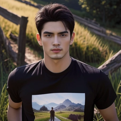 A man wearing a black shirt stands in a field., Inspired by Adam Dario Kiel, Realistic art style, Very handsome, very realistic, Inspiration from John Luke, Inspiration from Zhang Han, 3D, photoRealistic art style, Realistic art style, Goku, a realistic human, 8K vertical rendering, แรงบันดาลใจจาก Liang Kai, Realistic Disney, Niwan Chandra