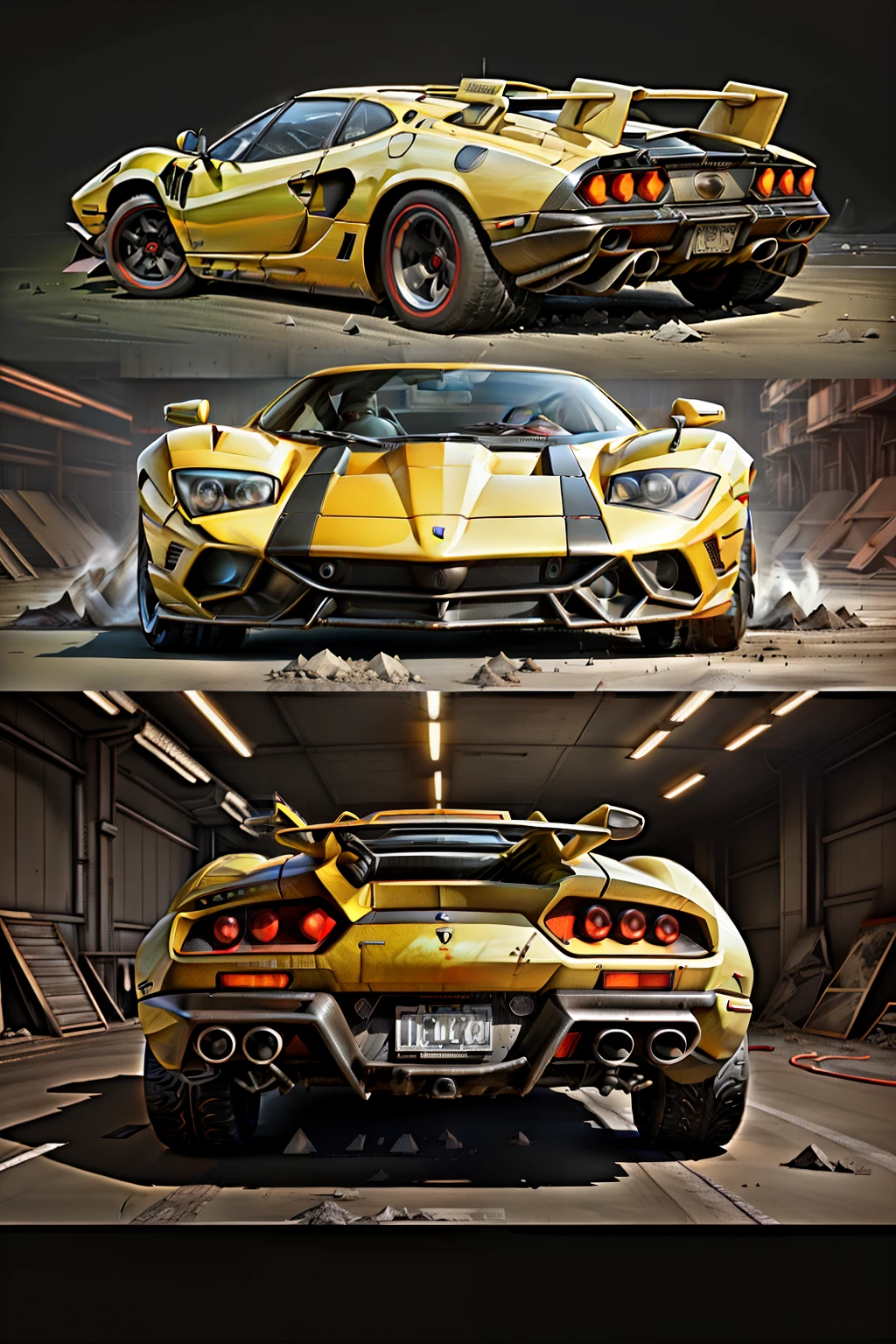 A Stunning Supercar that combines the iconic design elements of the legendary Ferrari F-40 and the captivating Lamborghini Countach LP500S. The car, with its sleek lines and aggressive stance, exudes an unmistakable air of power and sophistication. Its aerodynamic bodywork, reminiscent of the F-40, forms a sweeping silhouette with its pronounced rear spoiler, evoking a sense of high-speed dynamic action. The Countach-inspired scissor doors and angular front grille add a touch of futuristic flair, further setting this exceptional vehicle apart. The harmonious fusion of these two automotive 